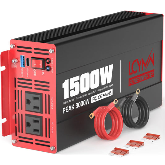 1500 Watt Power Inverter DC 12V to AC 110/120V with Dual Outlets USB-C 30W USB-QC 18W Fast Car Charger Adapter for Vehicles Home RV Car Truck Off-Grid Solar System Converter
