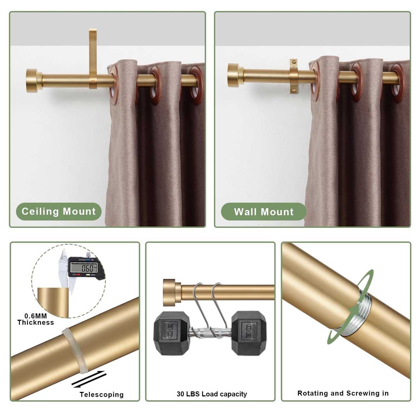 16-120 Inch Curtain rods, 1 Inch Diameter Splicing and Telescoping Structure Window Treatment Rods Set Adjustable Drapery Rods Heavy Duty Pole, Warm Gold