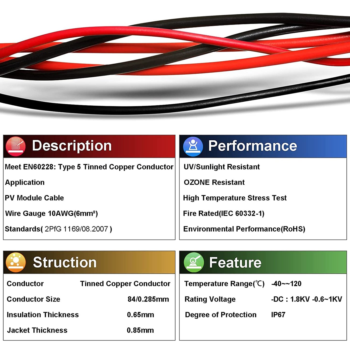 iGreely 100Ft 10 Gauge Tinned Copper PV Wire Solar Panel Extension Cable - UV Resistant for Boat, Marine, Automotive, RV, Outdoor Use - Black