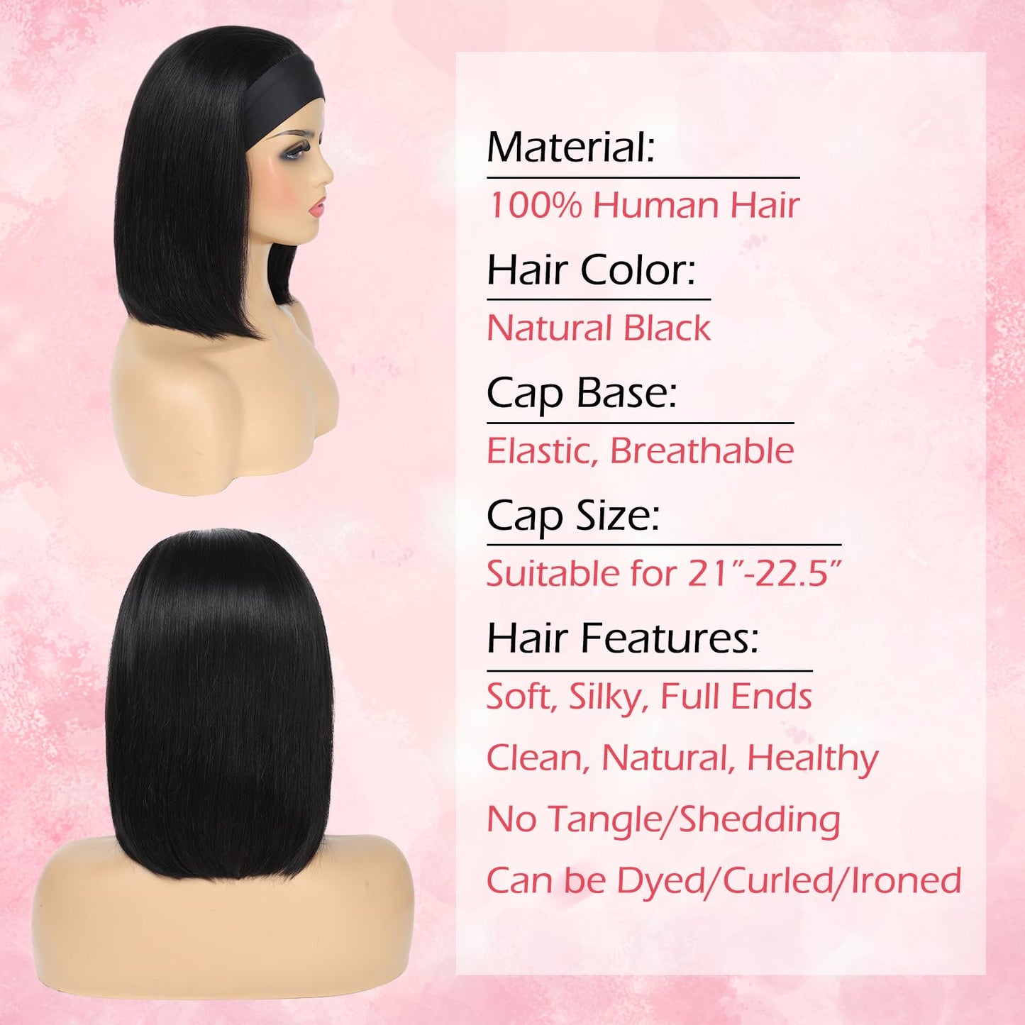 Adette Bob Human Hair Headband Wigs Straight Headband Wigs For Black Women Short Bob Human Hair Wigs Color 1B Natural Black None Front Lace 150% Density Brazilian Human Hair Headband Wig (8")