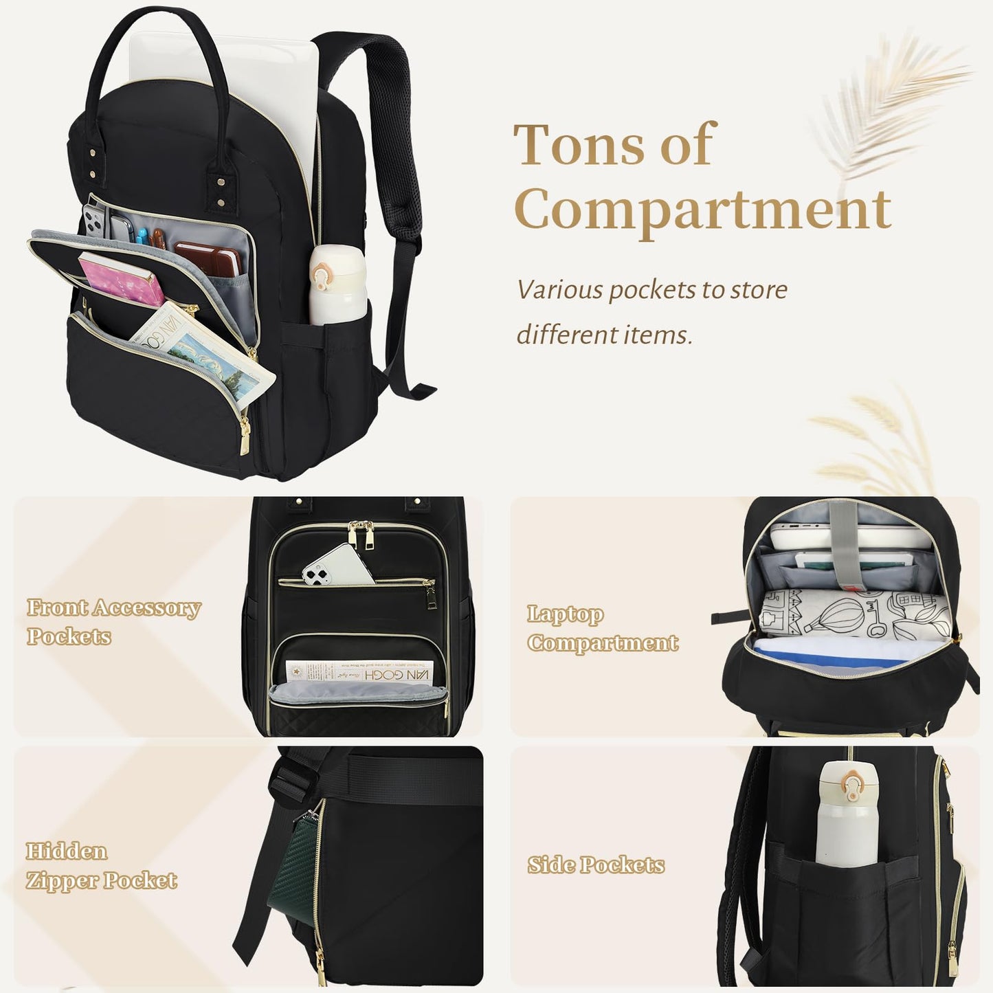 15.6 Inch Laptop Backpack, Lunch Backpack for Women, Water Resistant Work Backpack with USB Charging Port, Travel Backpack