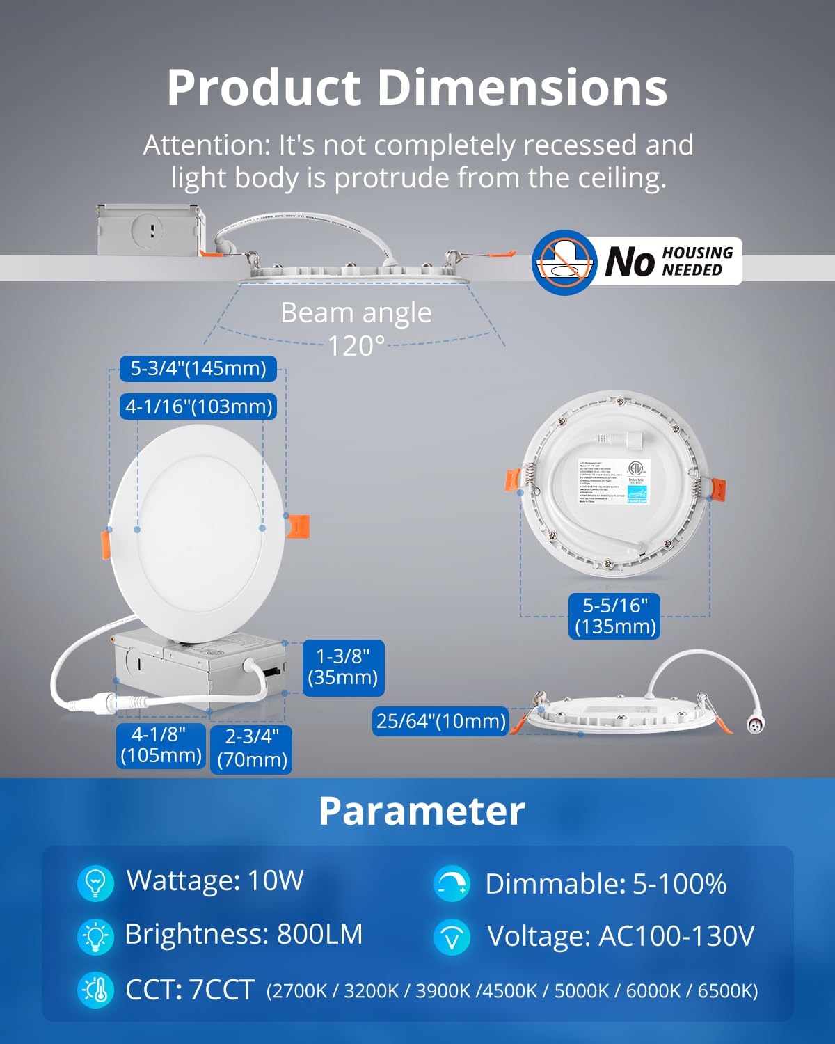 5 Inch Led Pot Lights, Slim Recessed Ceiling Light, 10W Dimmable for Kitchen Living Room Basement Bathroom, 800LM 7CCT 2700K-6500K 8 Pack