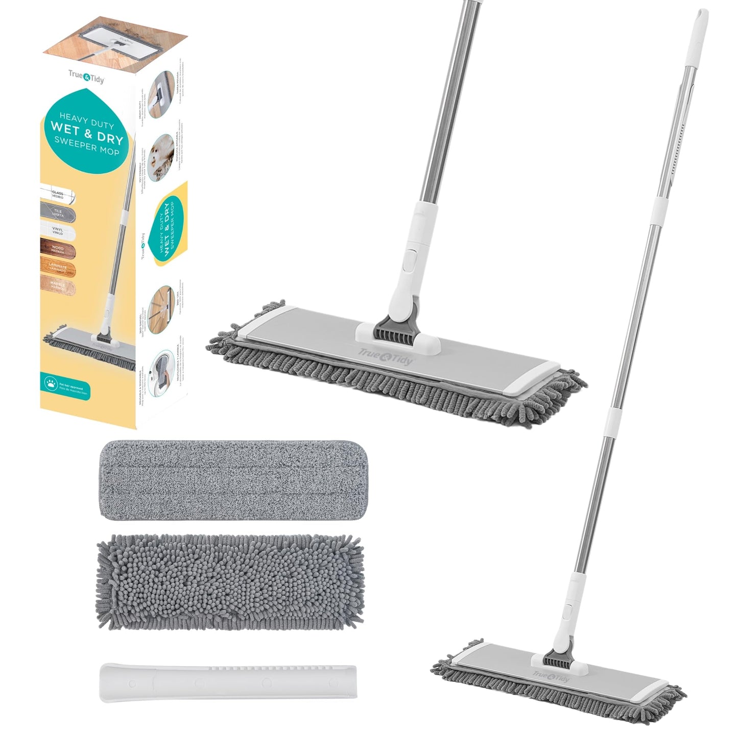 True & Tidy SWEEP-180A Heavy Duty Wet and Dry Sweeper Dust Mop, Includes 1 Microfiber and 1 Chenille Mop Pad, Aluminum Mop Head, for All Types of Floors