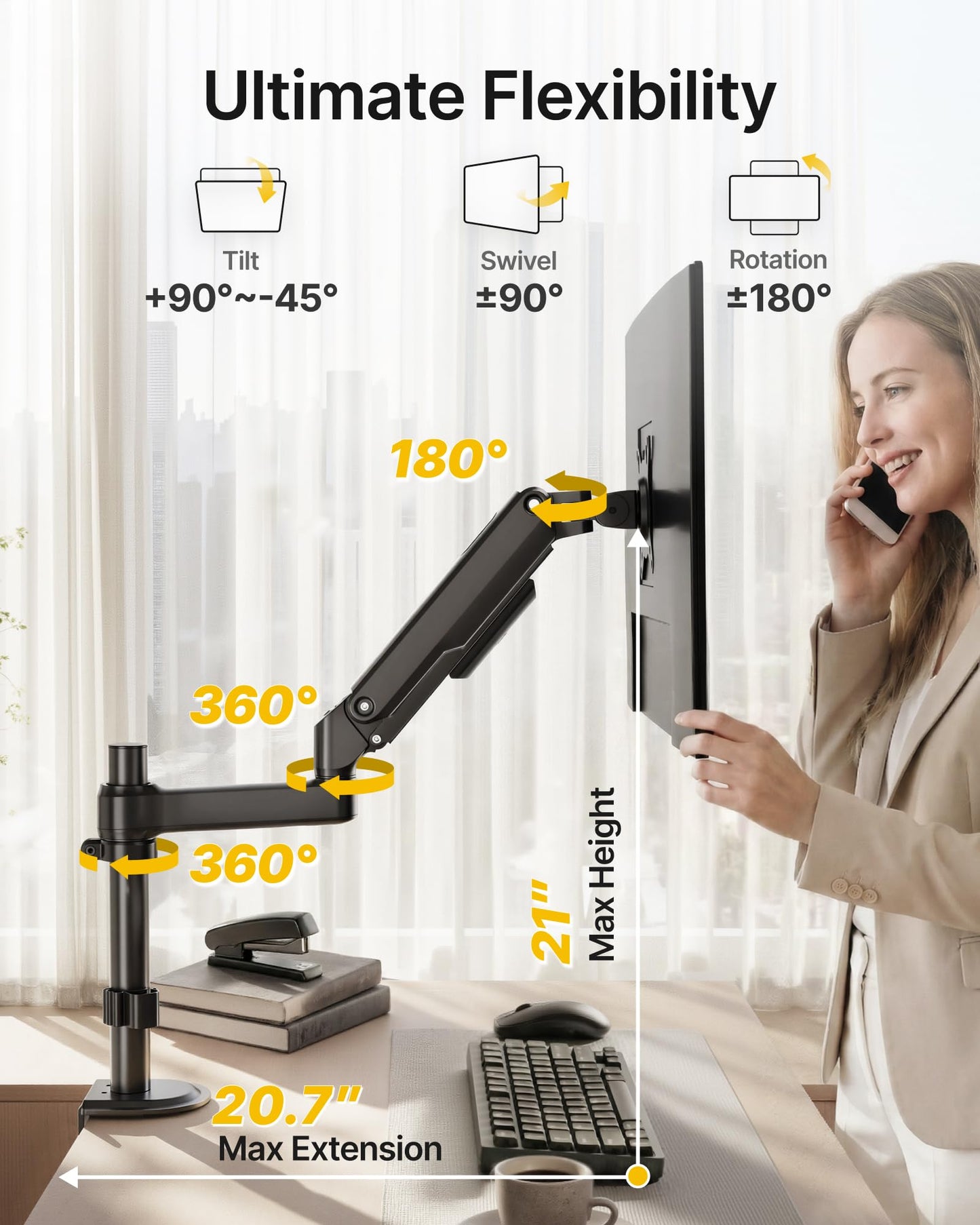 monTEK Tall Single Monitor Arm, Heavy Duty Adjustable Desk Mount for 17–32" Screens, Holds 19.8 lbs, 21 in Max Height, Full Motion Swivel & Tilt, VESA 75/100mm