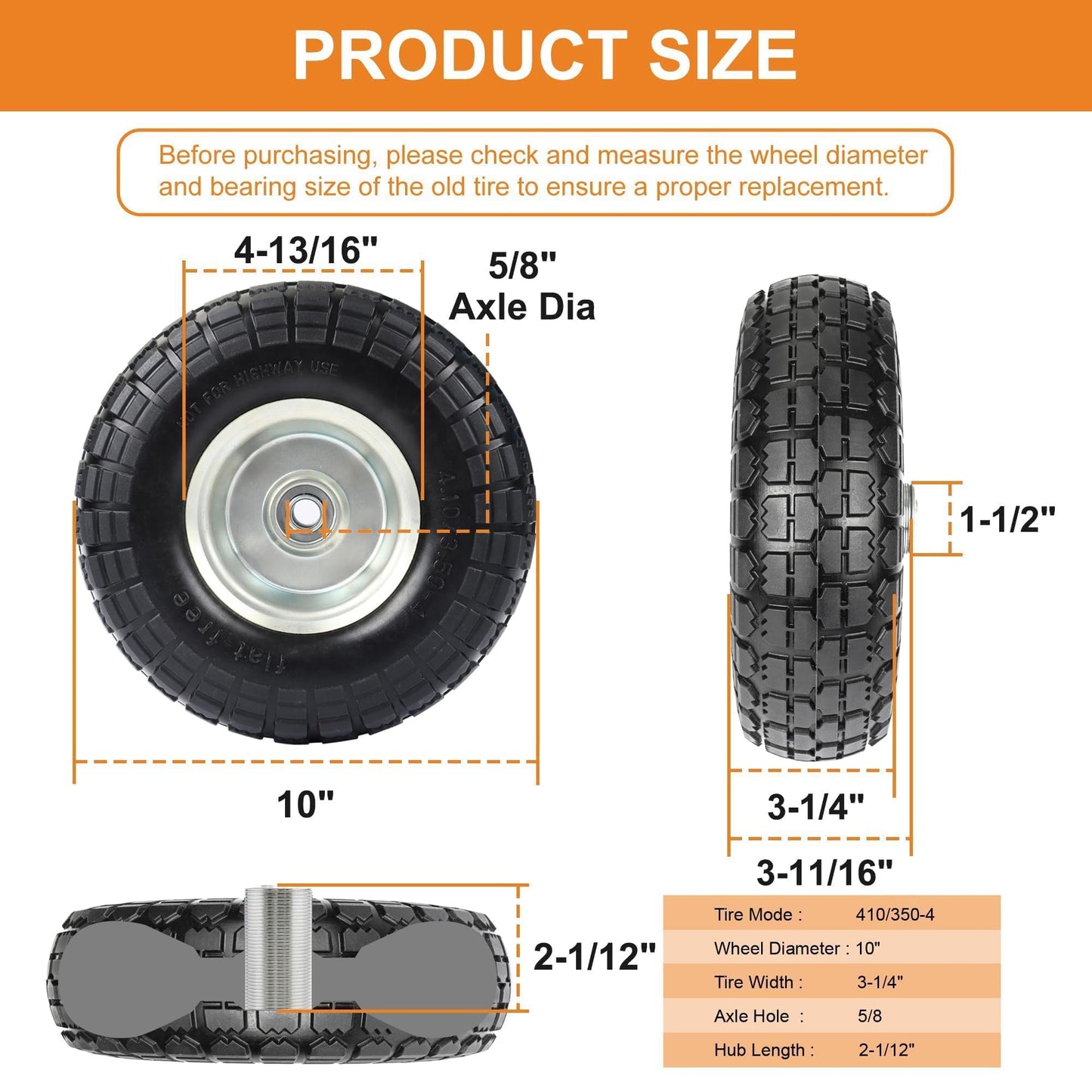 4.10/3.50-4 Tire and Dolly Wheel Flat Free - Solid Rubber Hand Truck Wheels 5/8" Axle - Gorilla Cart Tires Replacement for Garden, Wagon, Yard and Wheelbarrow (10 Inch 2 Pack)