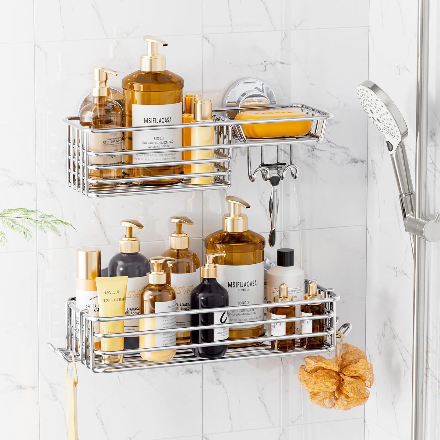 LEVERLOC Shower Caddy Suction Cup, Shower Shelevs with Hooks and Soap Holder, NO-Drilling Bathroom Organizer, Rustproof Metal Bathroom Storage and Organization, 2 Pack, Silver