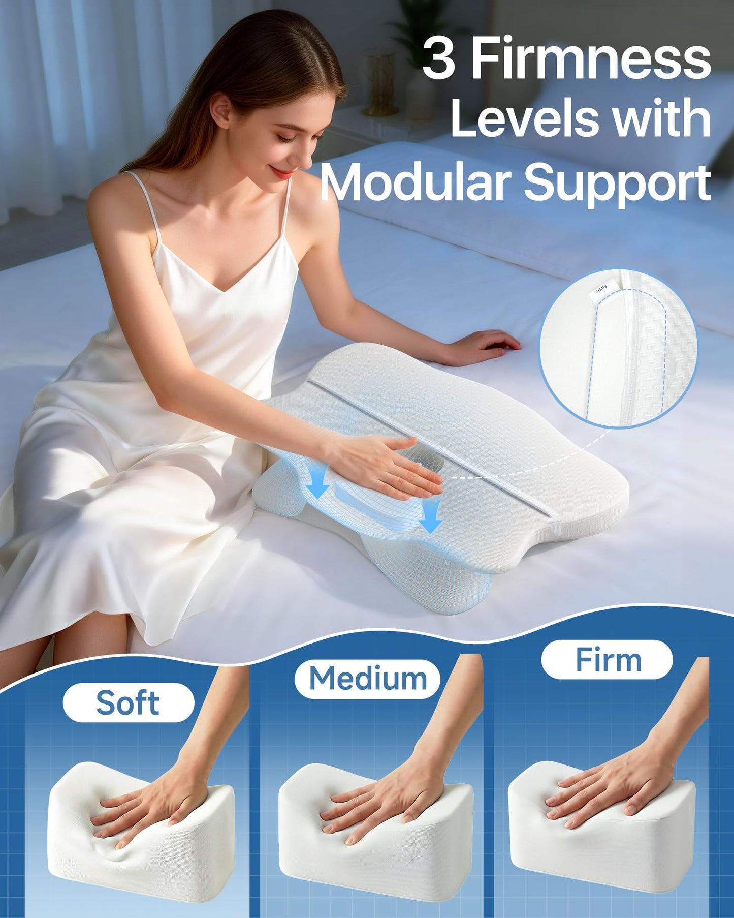 Aeemrn Memory Foam Pillow, Cervical Neck Pillow for Neck Pain 2in1, 3-Level Adjustable Firmness, Ergonomic Neck Support for Side & Back Sleepers, Breathable Contour Pillow with Armrest Zones