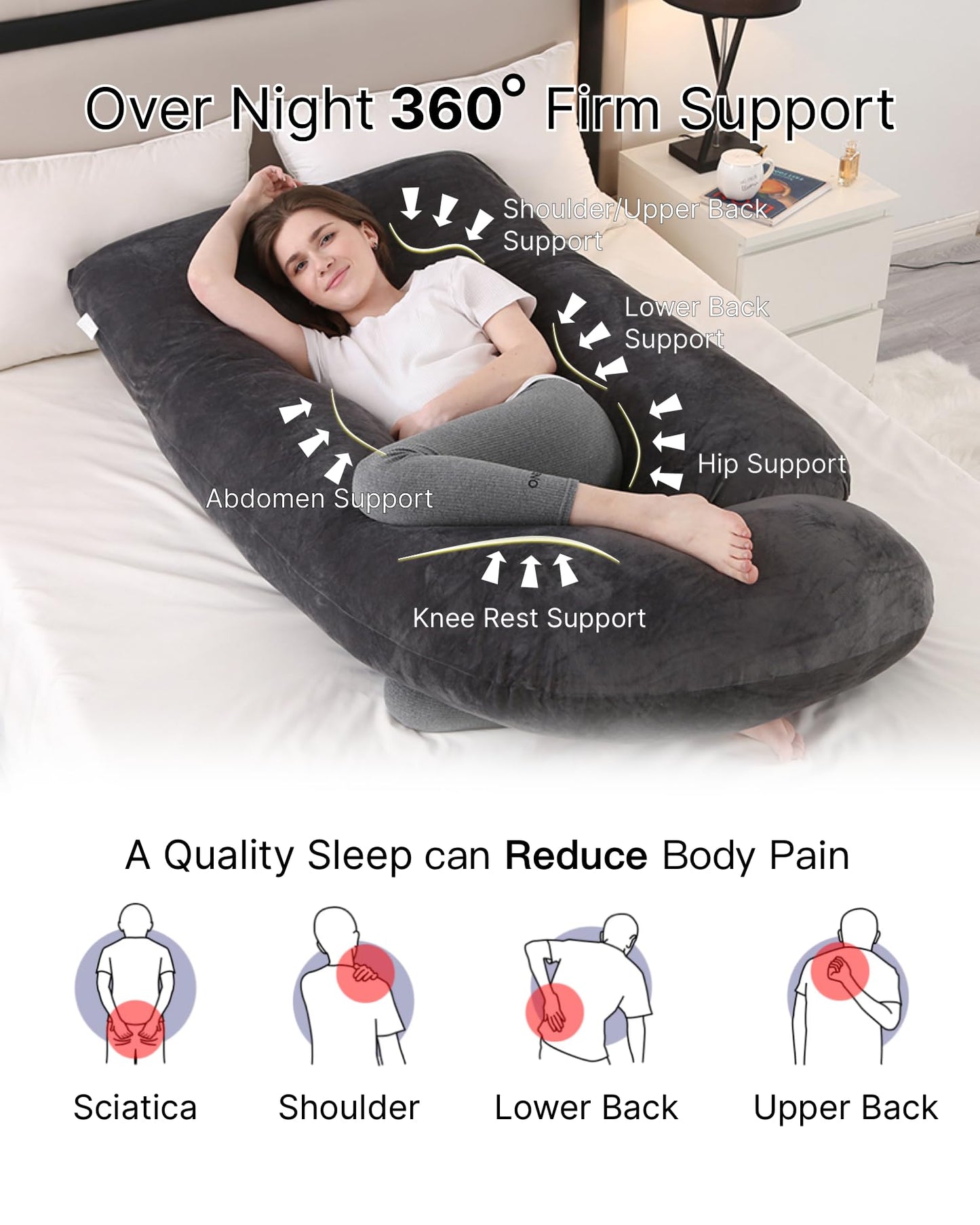 ALLOPERA Pregnancy Pillow, Full Body 57 Inch Maternity Pillow with Removable Washable Cover - Sleep Support for Legs, Back, Neck, Shoulder, HIPS, Belly for Pregnent Women, Velvet Cover (Black)
