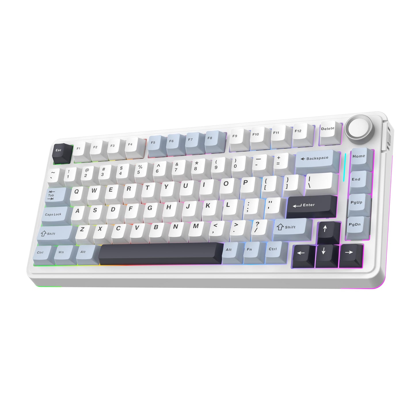 EPOMAKER EA75 75% RGB Gaming Mechanical Keyboard, 2.4GHz/Type-C/BT Creamy Wireless Keyboard with Knob, Shine Through PBT Keycaps, Hot Swappable for Gamers (Light Blue, Graywood V3 Switch)