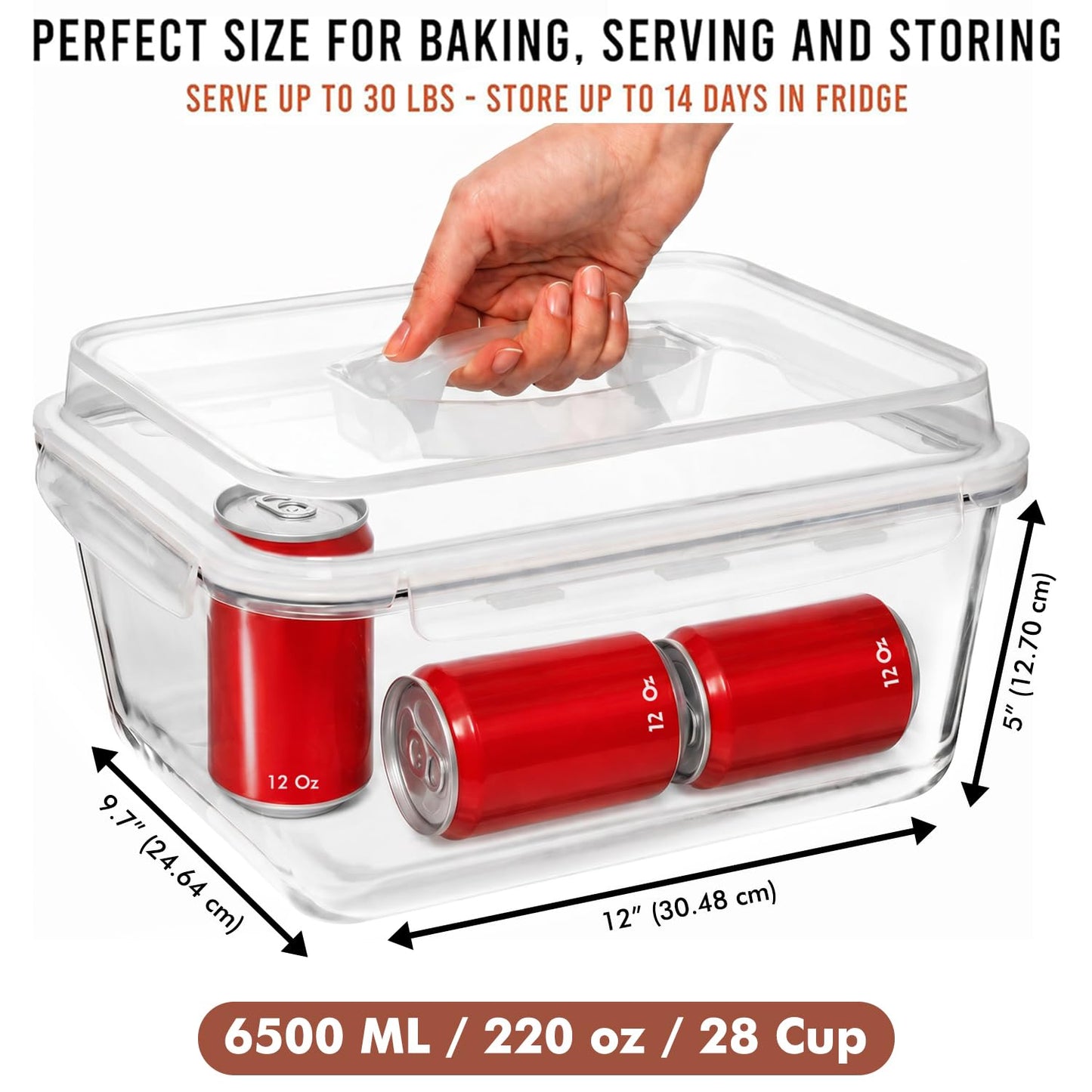 Razab 6500 ML / 220 oz / 28 Cup Large Glass Container Food Storage with Lids - Leakproof, Bpa-Free Large Meal Prep Container Ideal for Roasting Turkey, Store Leftover - Microwave & Oven Safe