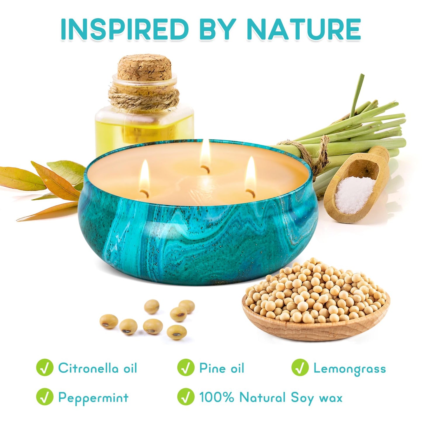 KWANITHINK Citronella Candle Large, 3 x 14oz Citronella Scented Candles, Natural Soy Wax Candles Outdoor Indoor for Home Patio Garden Camping, 3 x 75 Hours