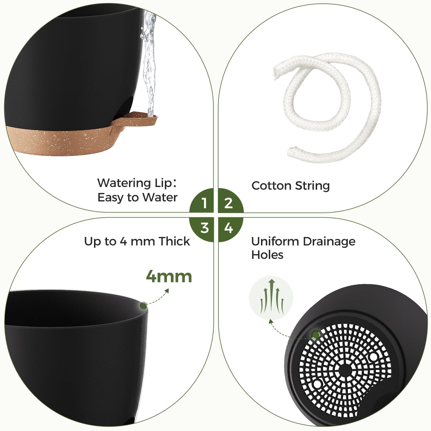 Bamworld 6 Pack Indoor Plant Pots Shelf Watering Planters for Indoor Plants with Drainage Hole Plastic Plant Pot for Home Gardening Containers(Black)