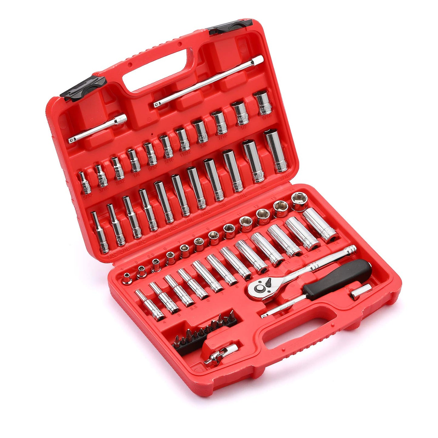 MIXPOWER 62-Piece 1/4-Inch Dr. Master Socket Set with Ratchets,Universal Joint, Drive Extension Bar Set with 1/4'' Dr. Bits Set, SAE/Metric, 6-Point, 5/32-Inch - 9/16-Inch, 4 mm - 14 mm, CR-V Socket