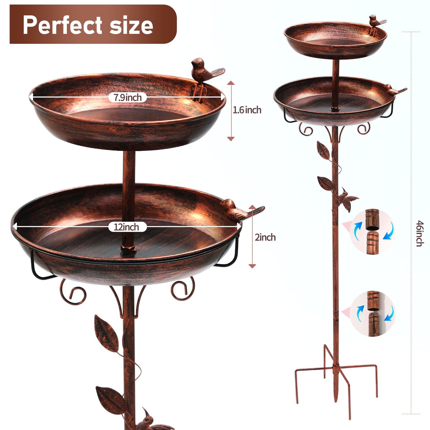 Metal Bird Bath for Garden – 42in 2-in-1 Birdfeeder & Birdbath with Bird & Leaf Design, Double Bowls, Upgraded 5-Prong Base — Bird Baths for Garden Patio Yard Lawn Decor