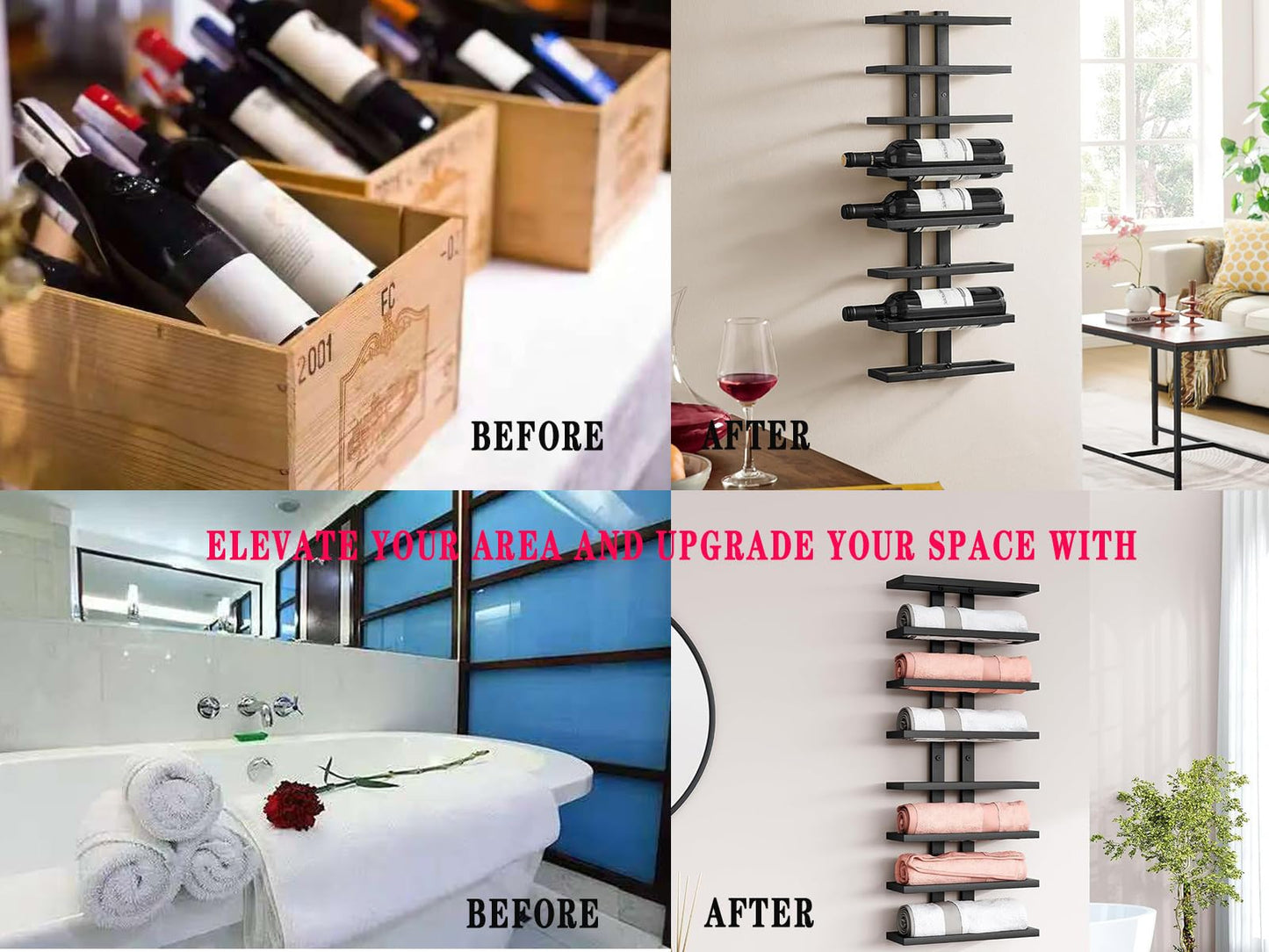 Wall Mount Wine Rack, Detachable Wall Mounted Wine，Wall Racks for Wine Bottles Display and Storage, Hanging Bottle Organizer for Living Room, Dining Room, Wine Cellar, Bar (8 Tier Classic Black)