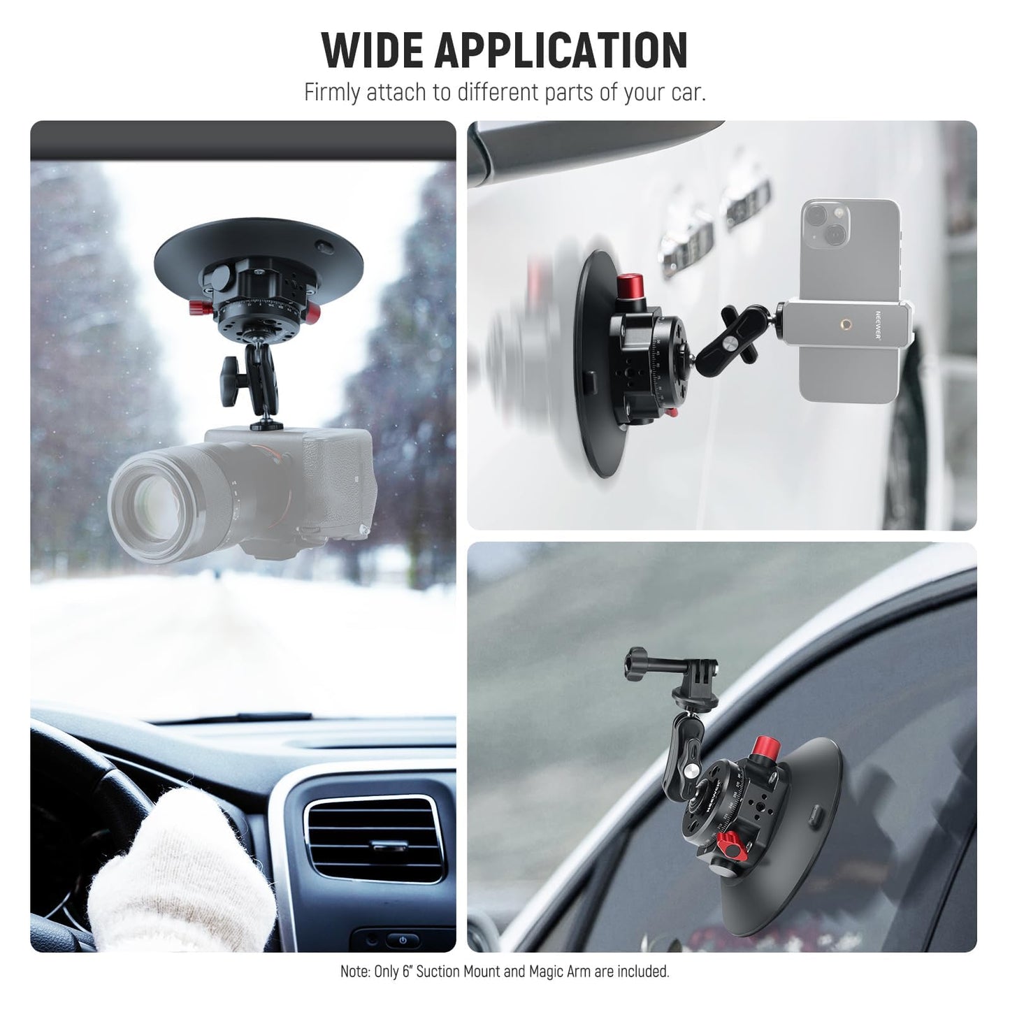 NEEWER 6"/15.2cm Suction Cup Mount with Ball Head Magic Arm, Metal Suction Cup Mount on Car Windshield Dash for Action Camera/Phone Holder, with 1/4" & 3/8" Mounting Holes for ARRI