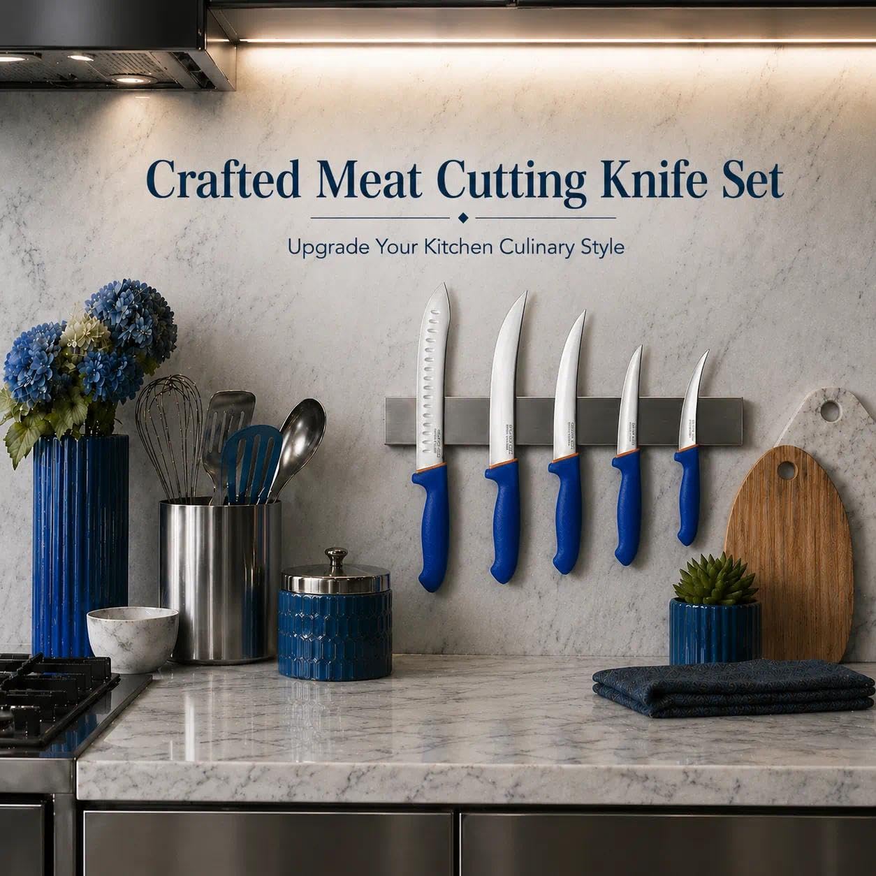 DRAGON RIOT 6 Pcs Butcher Knives Set, Meat Processing Knife Set for Brisket Trimming with German Stainless Steel and Blue Non-Slip Handle,Ideal Christmas Gift for Man and Woman