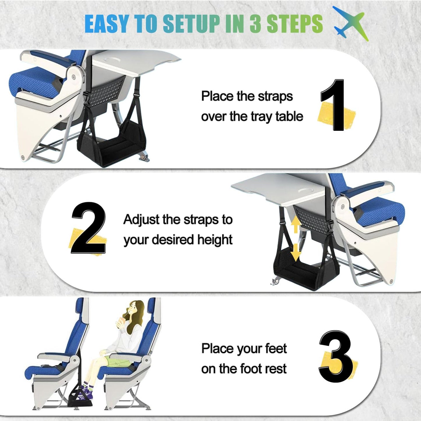 2-Pack Airplane Foot Hammock, No Collapse Thickened Bamboo Airplane Foot Rest with Extended Adjustment Strap, Portable Desk Foot Hammock, Foot Sling Travel Essentials to Relax Your Feet