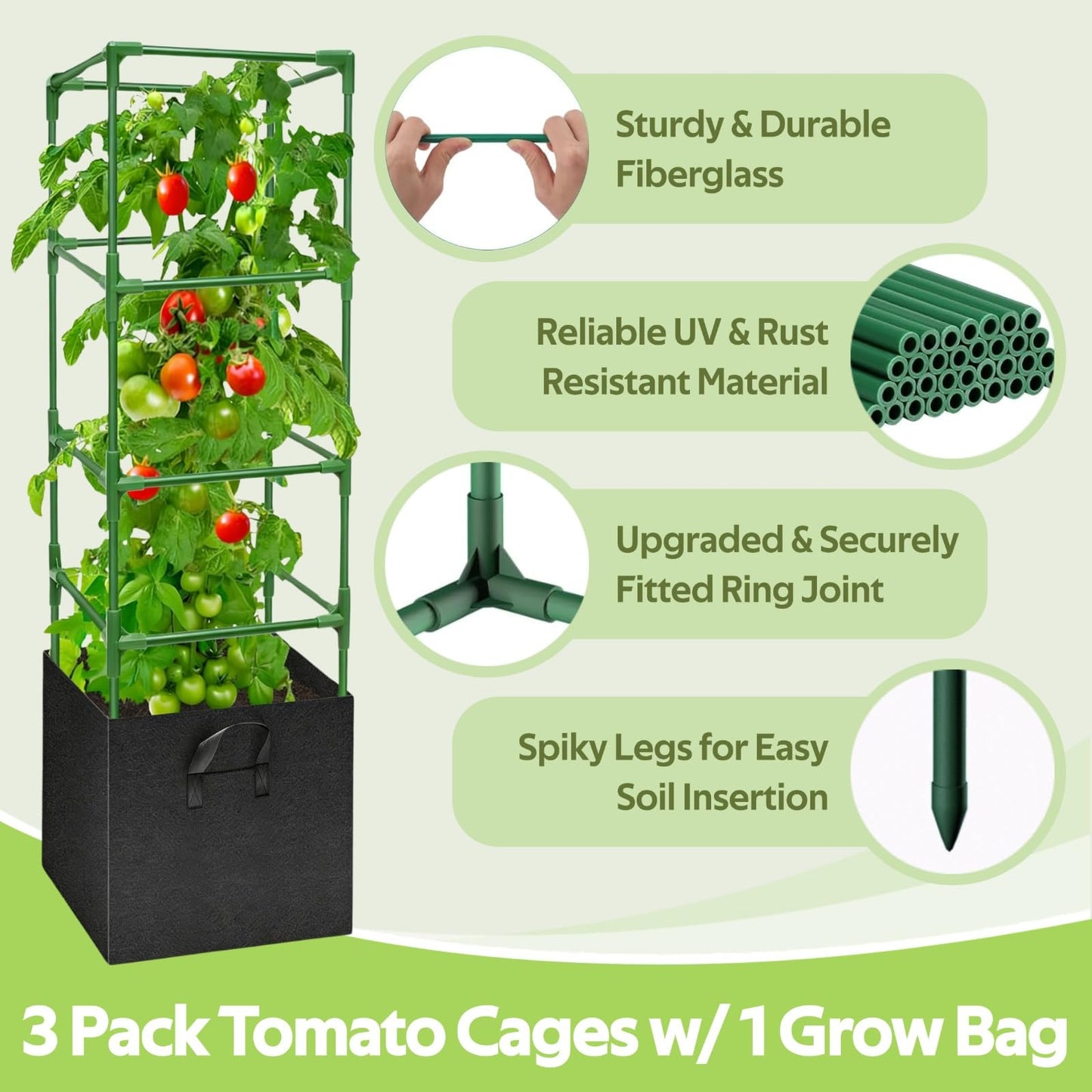 Glazeal 3 Pack Tomato Cages with 17 Gallon Grow Bag - 120cm Square Plant Support Trellis Tomato Planter Pots Kit - Garden Stakes for Vertical Climbing Plants Vegetable Flower Fruit Outdoor Indoor