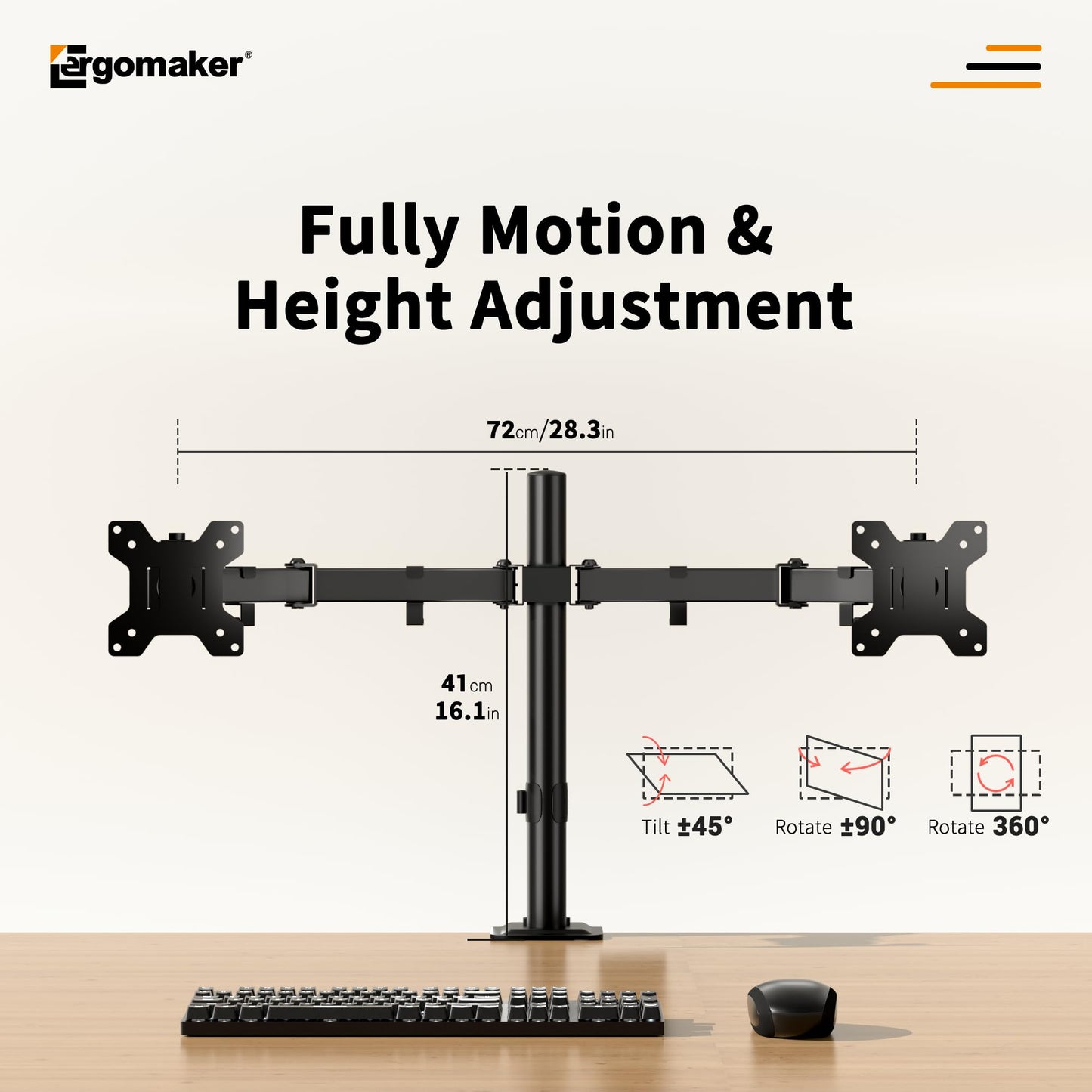 ERGOMAKER Dual Monitor Arm, Adjustable Dual Monitor Mount, Duty Dual Monitor Stand for Desk for 2 Computer Monitors up to 27", Double Monitor Mount for LCD Screens