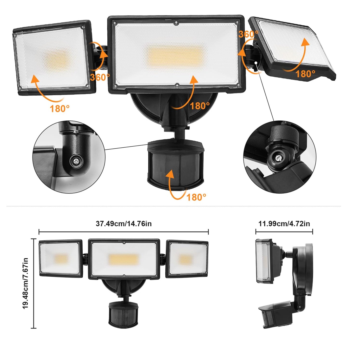 CELAVY 70W LED Security Lights with Motion Sensor Outdoor, 7000 Lumen Super Bright, 3000K/5000K Light, IP65 Waterproof, Dusk to Dawn, 3 Heads Motion Detected Flood Light Garage Yard Porch (Black)