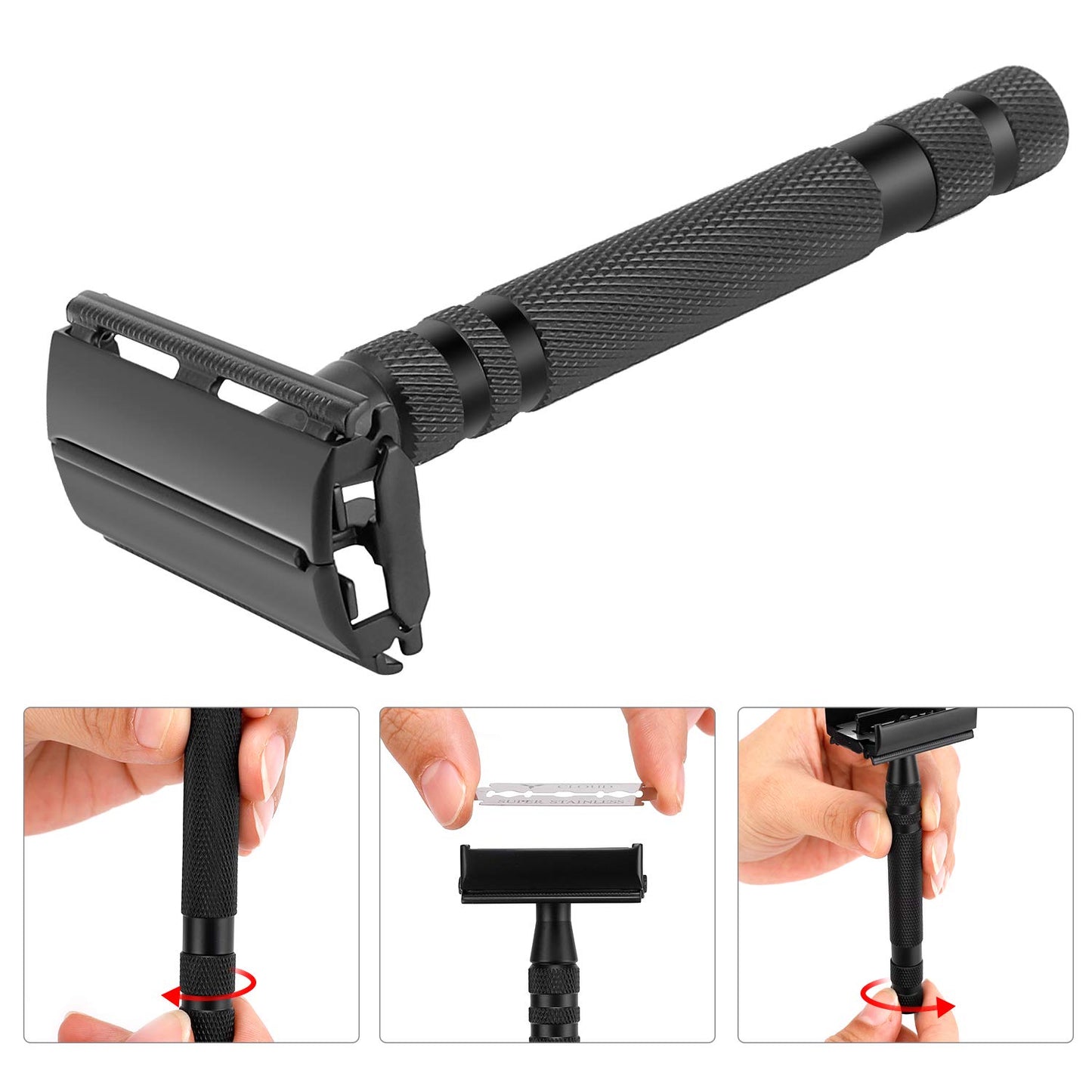 Amazing Safety Razor Shave Kit - Mysterious Black Men's Shaving & Grooming Sets - Butterfly Open Safety Razor,Friendly Brush,Great Shaving Stand,Shaving Soap Bowl, Super Stainless Blades