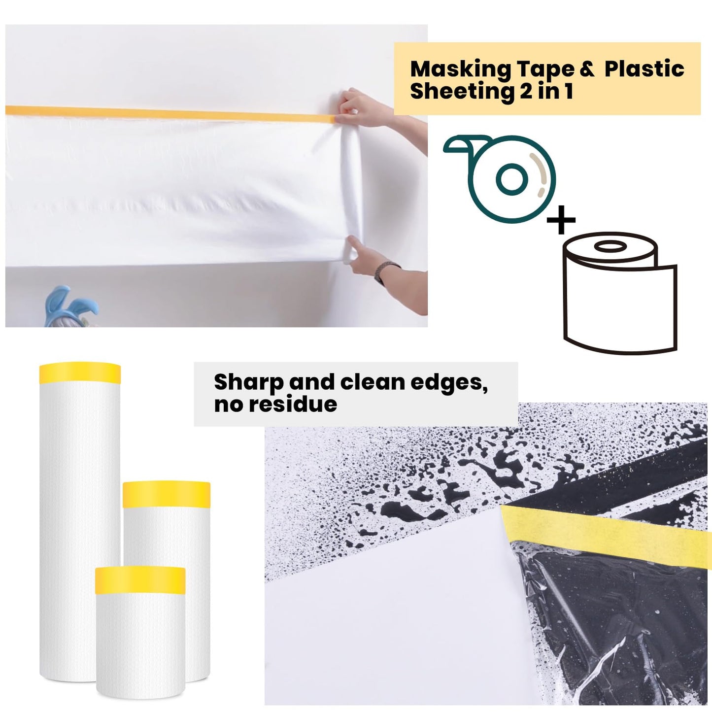 ADHES Pre Taped Masking Film with Adhesive Edge, 55 inch x 108feet x 3 Rolls No Residue Masking Tape for Painting, Automotive, and DIY Projects Tape and Drape for Floor Furniture Protection