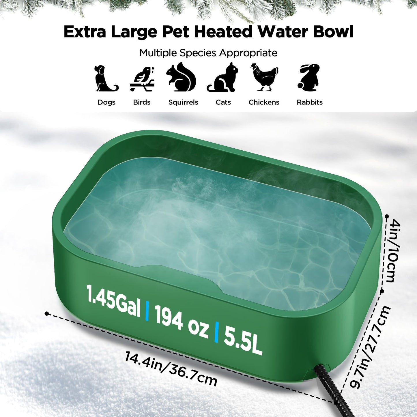1.45Gal/5.5L Extra Large Pet Heated Water Bowl for Dog Cats Rabbit Chicken Duck Squirrel, Indoor & Outdoor Antifreezing Winter Heated Food & Water Bowl Dish, Thickened Design, BPA-Free, Plug and Play