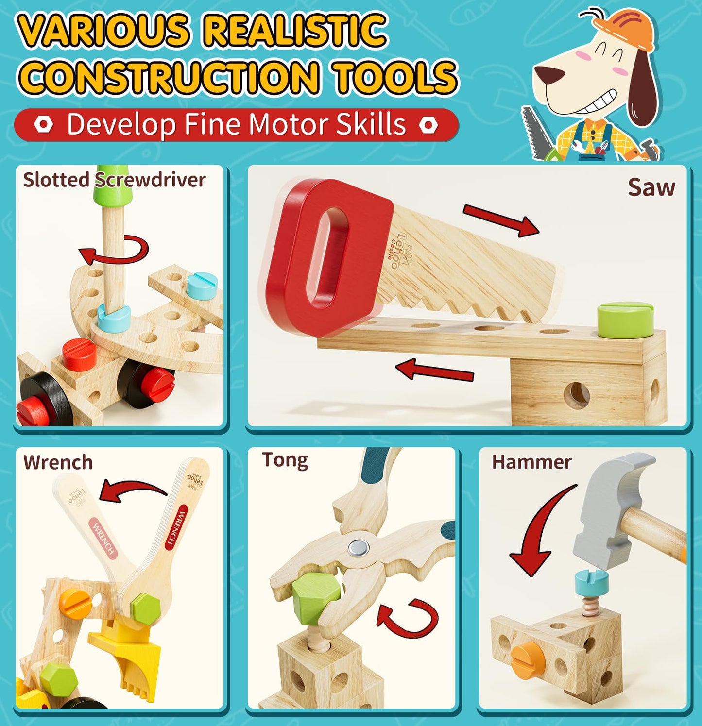 Lehoo Castle Wooden Kids Tool Set, Montessori Educational Toys for Toddler 3+, Pretend Play Tool Box STEM Construction Toy, Birthday Gifts Toys for 3 4 5 Year Old Boys & Girls