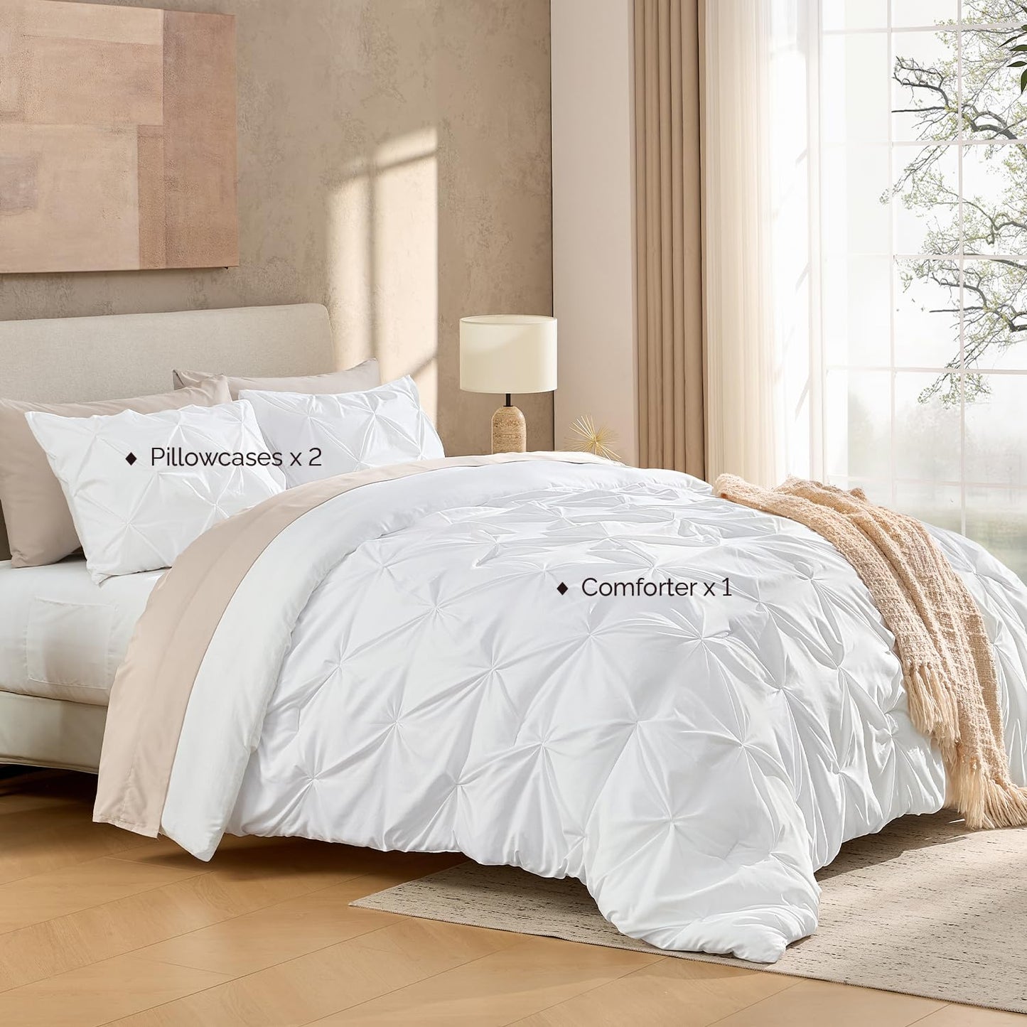 Andency White Queen Comforter Set(90x90Inch), 3 Pieces Cute Pinch Pleat Bedding Comforters & Sets for Queen Bed, Soft Lightweight Fluffy Down Alternative All Season Bed Set