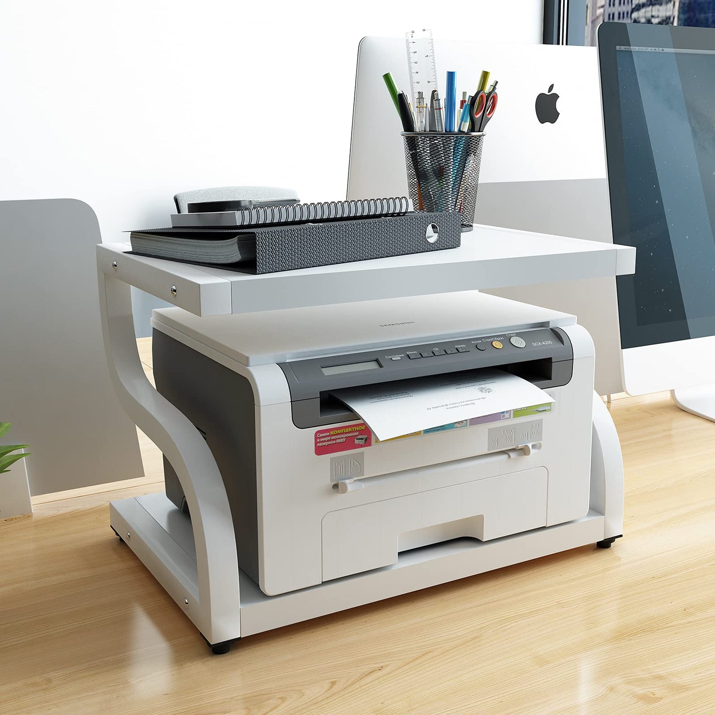 PUNCIA 2 Tier Wood Printer Stand with Storage Heavy Duty Desktop Shelf - Modern Minimalist Style Fits Laser Printers Copiers Fax Machines, Organizer for Home Office Dorm Small Spaces