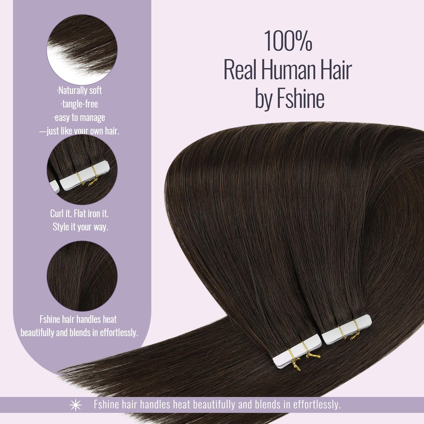 Fshine Tape in Hair Extensions Dark Brown Skin Weft Remy Human Hair, Full Head Straight Natural Extensions, Seamless Invisible Adhesive, Perfect for Daily Wear, Vacations,20pcs, 18 Inch 50g