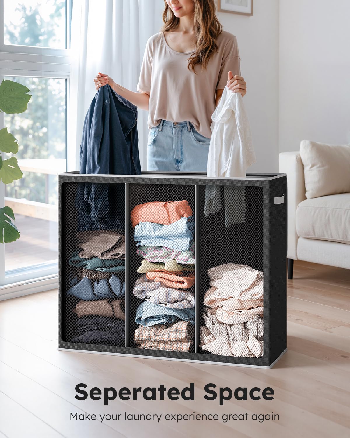 SOLEDI 180L Laundry Hamper 3 Section, Extra Large Laundry Hamper with Lid, Dirty Clothes Hamper with Sturdy Handle, Large Laundry Basket Organizer for Laundry Room, Bedroom, Hampers for Laundry-Black