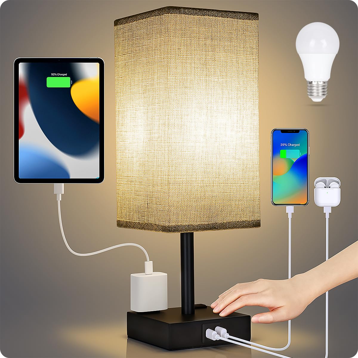 Touch Control Table Lamp - Soilsiu 3 Way Dimmable Nightstand Lamp with USB C & USB A Charging Port, 2 AC Outlets, 3000K LED Bulbs, Grey Fabric Shade Modern Bedside Lamp for Bedroom…