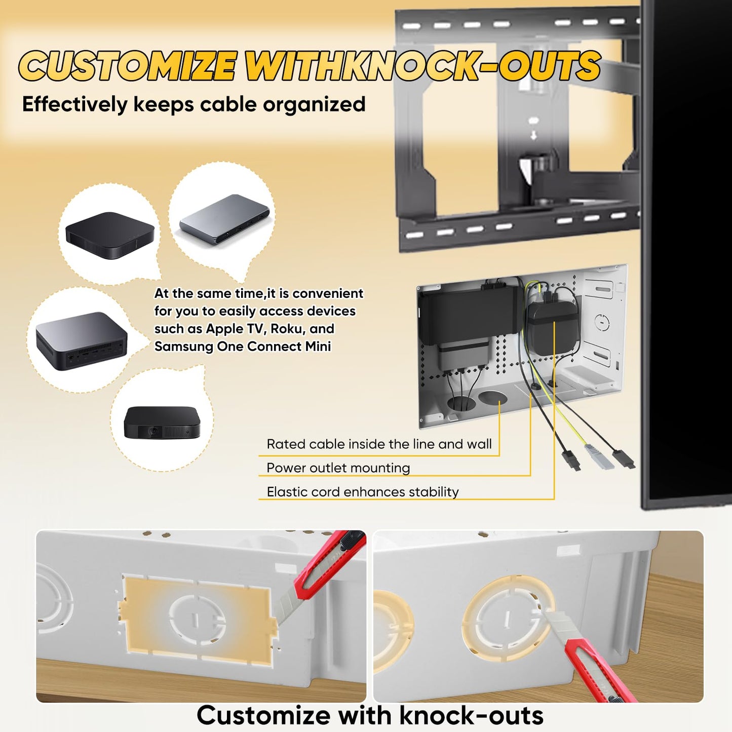 9" in-Wall TV Media Box - Recessed Outlet & Network Enclosure for Wall Mount TV Compatible with Apple, Fire Stick, Samsung One Connect Mini WiFi Friendly Recessed TV Outlet Box