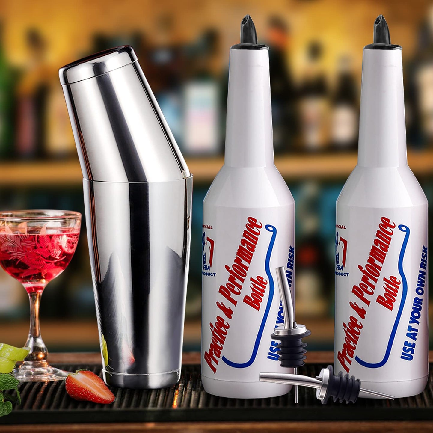 YooYuuk 5pcs Flair Bartender Kit, 2 Flair Bottles (25oz/750ml), 1 Boston Shaker (18/28oz), Practice & Performance Bottle, Silver, PVC & Stainless Steel