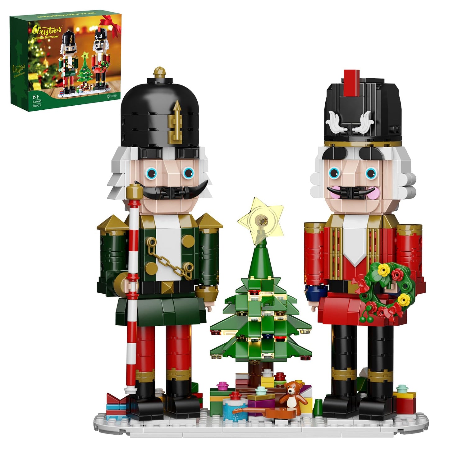 Christmas Nutcracker Building Kit with LED Light,Xmas Decorative Nutcracker Building Sets,Contains Christmas Tree,Wreath,Cane,Compatible with Lego,Festival Gift (690 Pcs)