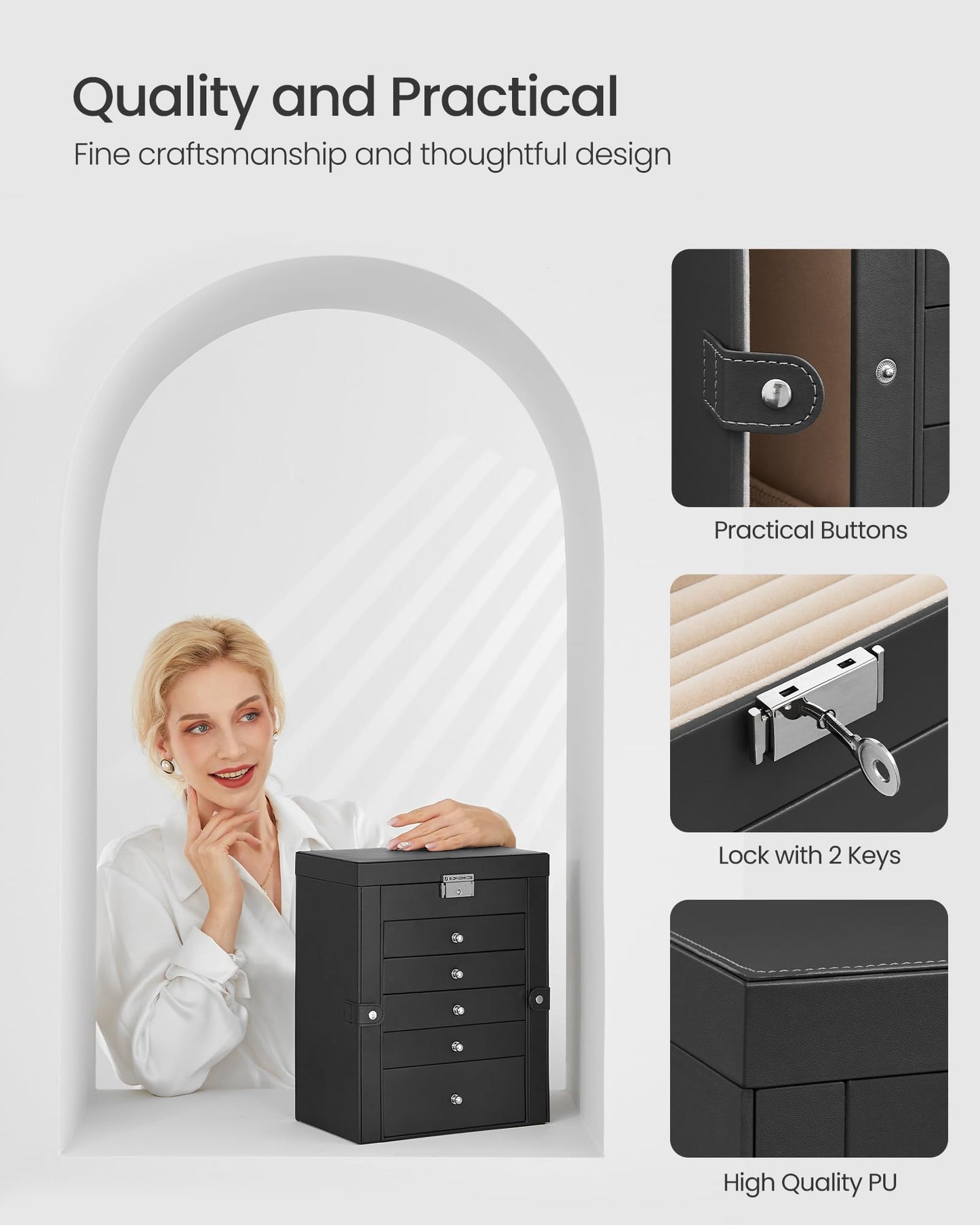 SONGMICS 6-Tier Jewelry Box Organizer with 5 Drawers, Lockable Jewelry Storage Case with Mirror, Necklace Hooks, Watch Storage, Large Capacity, Gift for Loved Ones, Black UJBC152B01