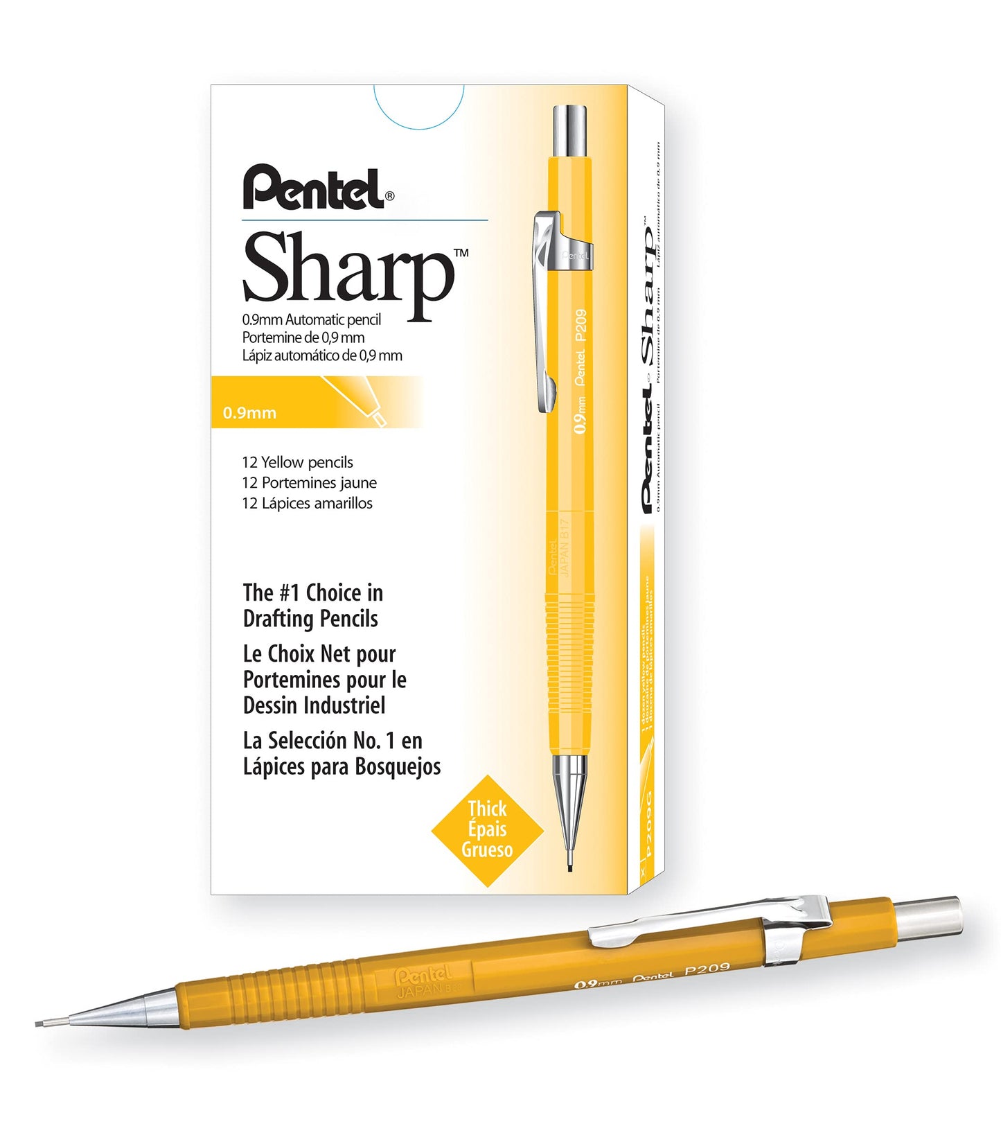 Pentel P200 Drafting Mechanical Pencil, 0.9mm Bold Point, Writing, Drawing, School Supplies, Metal Tip, Yellow Barrel, P209-G, Box of 12