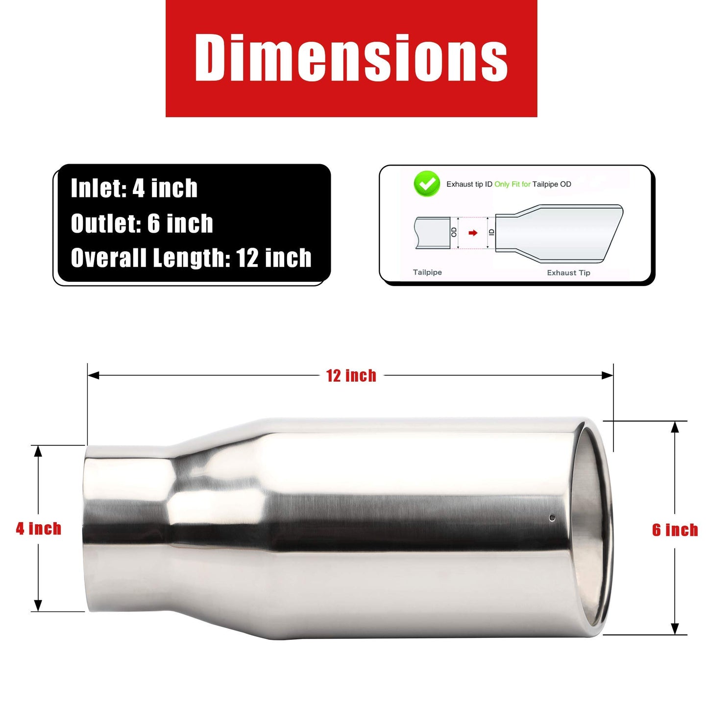 4 Inch Inlet Chrome Exhaust Tip, 4" x 6" x 12" Clamp On Design Universal Stainless Steel Diesel Exhaust Tailpipe Tip.