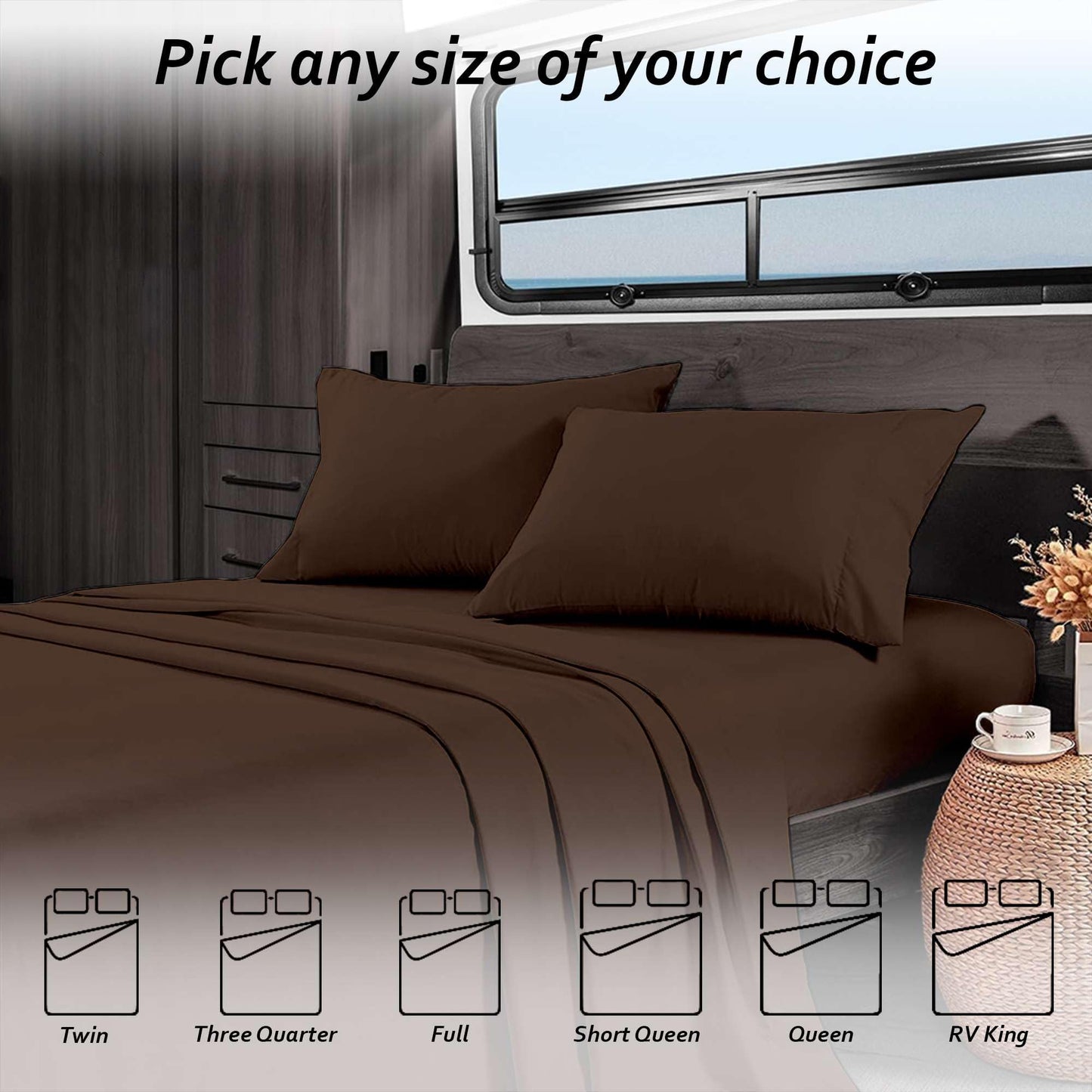 RV Mattress SHORT QUEEN SHEET SET - (60x75) Solid Chocolate 400 Thread Count Egyptian Cotton -Made Specifically for RV, Camper & Motorhomes