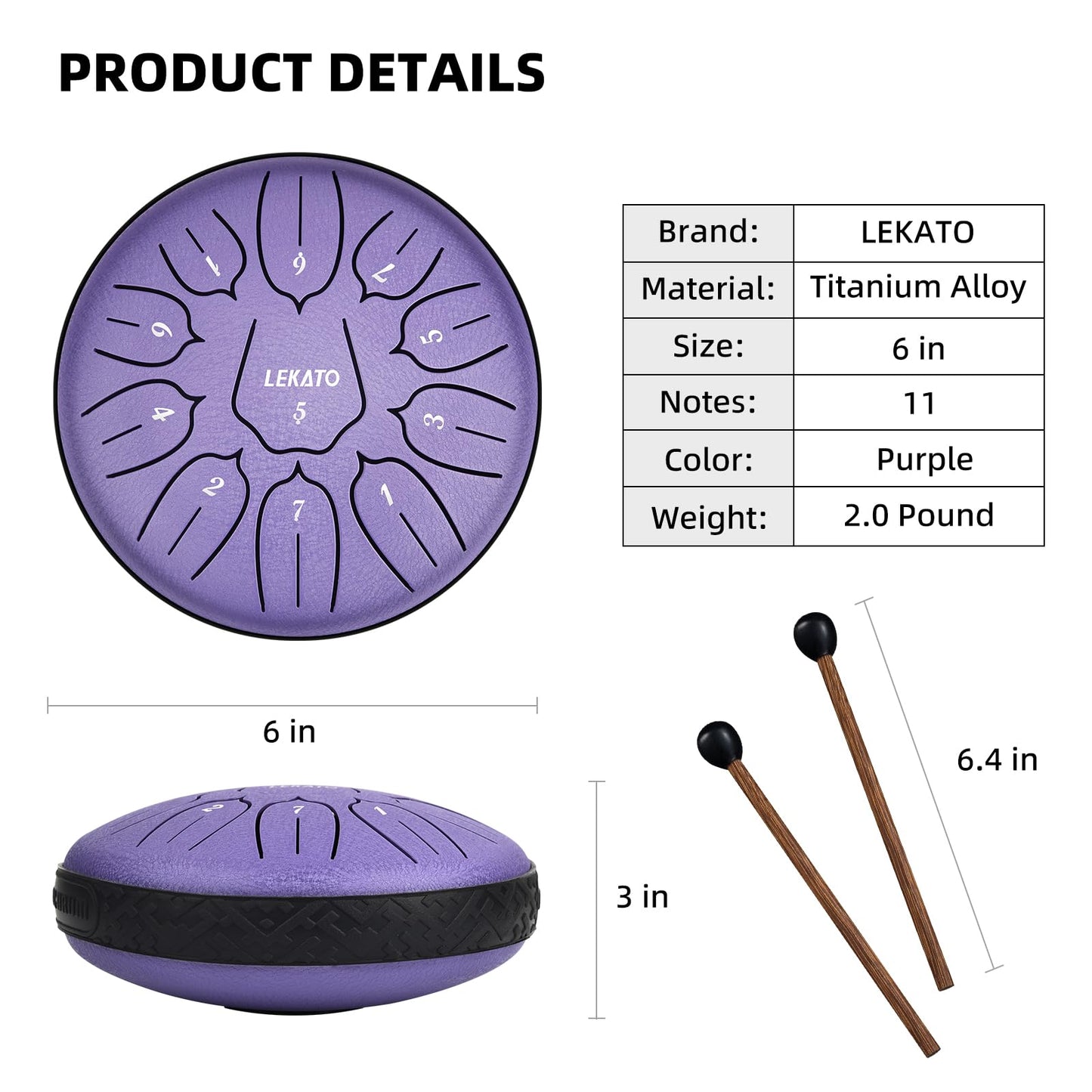 LEKATO 6 Inch 11 Notes Steel Tongue Drum with Sturdy Nylon Bag, Beginner Music GIft for Families/Friends, D Major, Purple