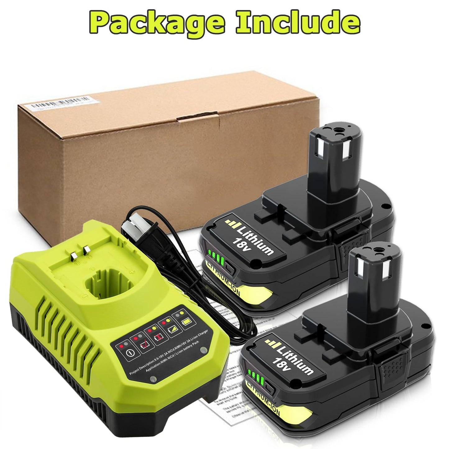 2Packs 18V 3000mAh Replacement Battery and Charger Compatible with Ryobi 18V Battery Lithium P102 P103 P104 P105 P107 P108 P109 P122 Battery Cordless Power Tools