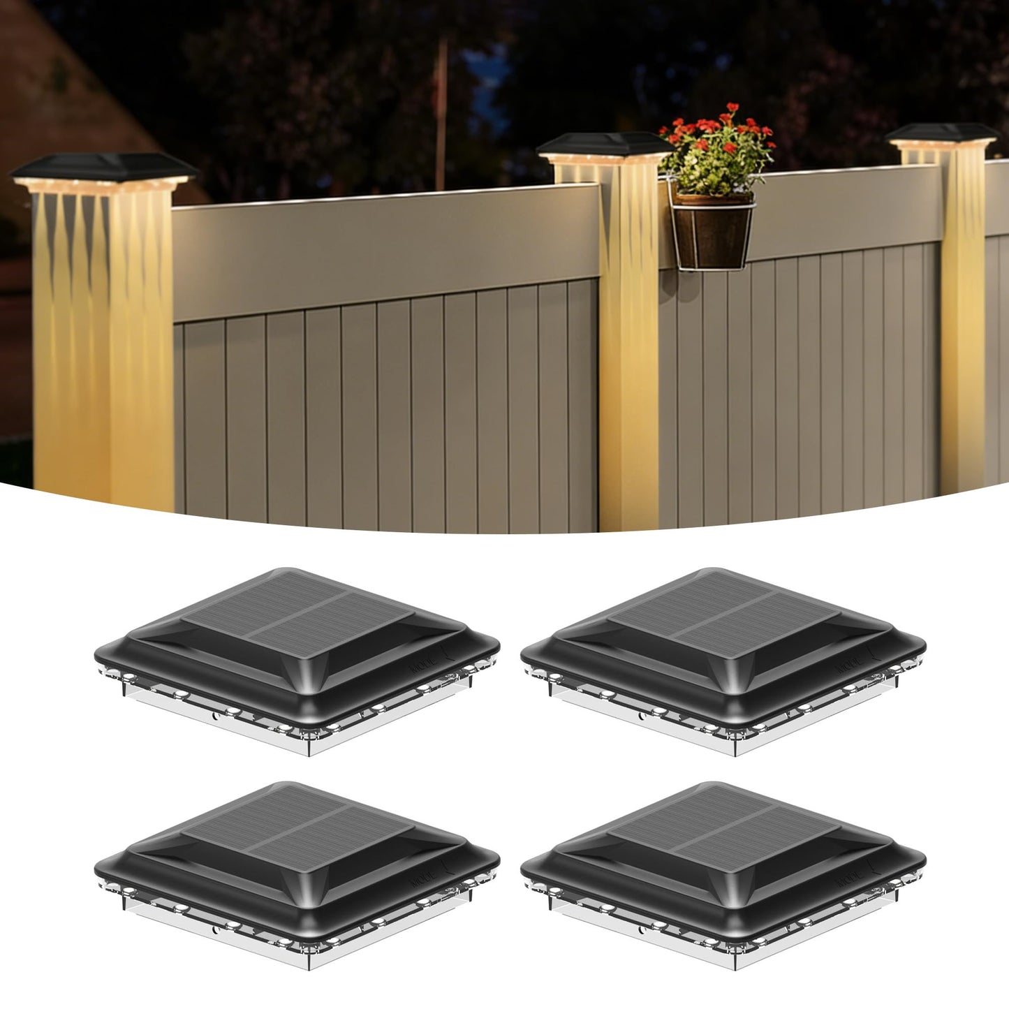 FIONSUN Fence Post Solar Lights, Post Lights Outdoor, Waterproof Deck Lighting Solar Powered Caps for Deck Patio Balcony Garden Porch Decor Fits for 3.5x3.5 4x4 Wooden Posts, Black (4 Pack)