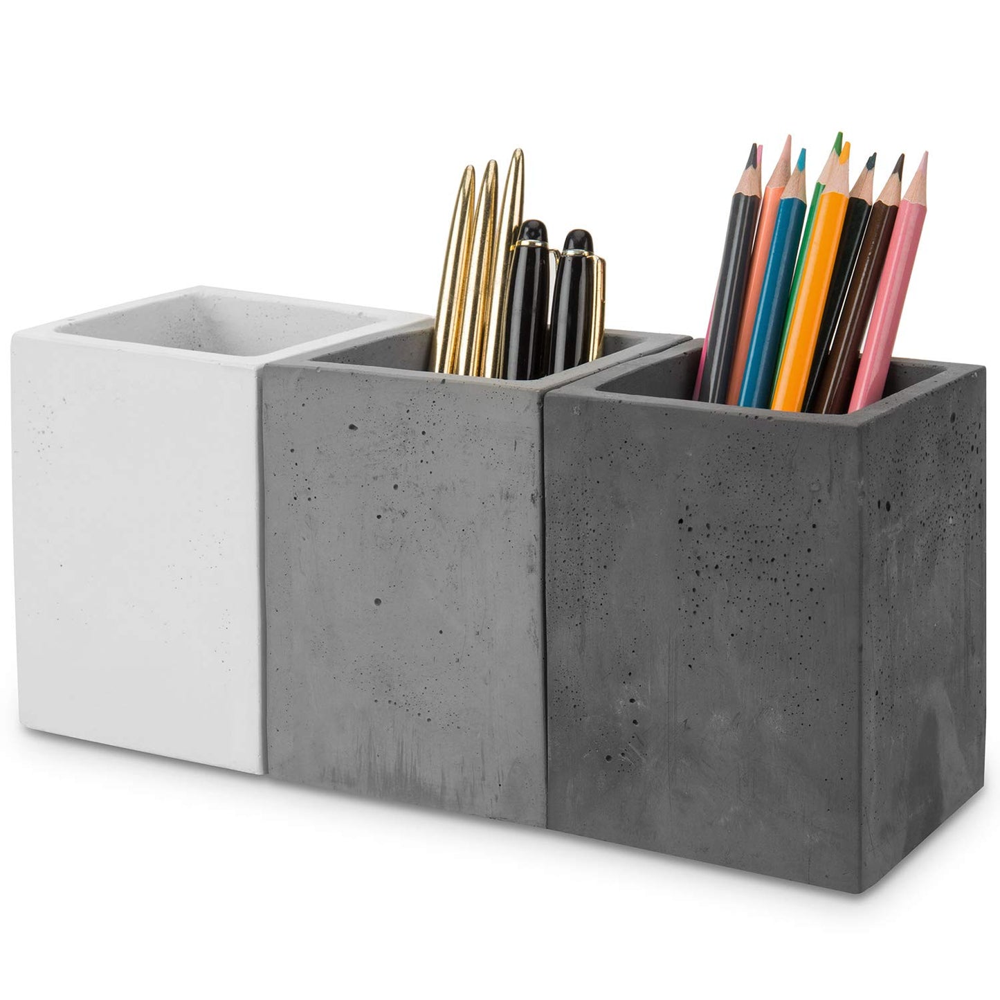 MyGift Modern Mixed Color Gray Concrete Pen and Pencil Cups, Office Stationary Organizers, Set of 3