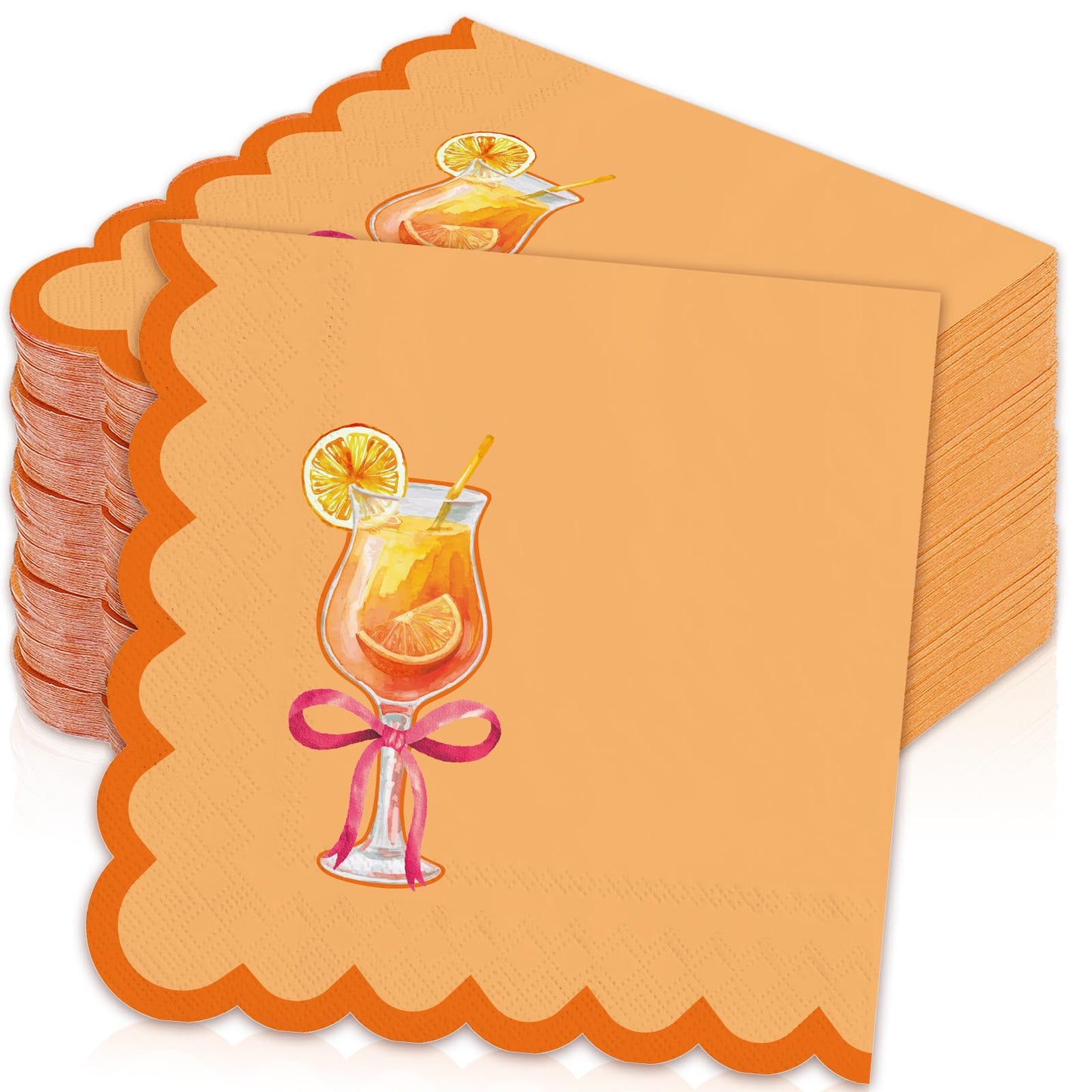 FYSUIMU 100 Pcs Love at First Spritz Cocktail Napkin Disposable Scalloped Paper Napkin Orange Drink Beverage Napkins for Wedding Bride Bachelorette Shower Party Supplies