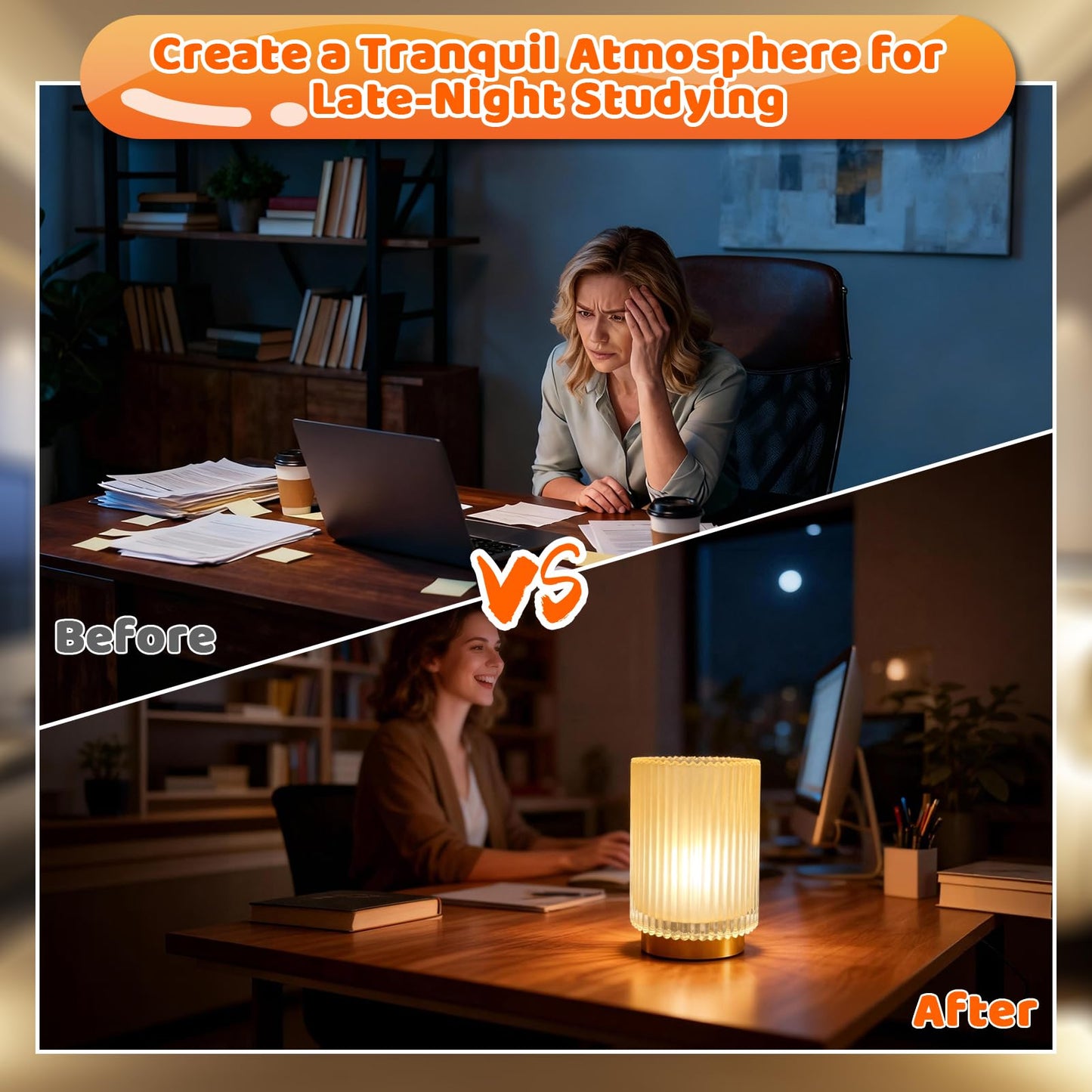 AGJIQ Table Lamp, Wireless Bedside Lamp with Glass Shade E27 Bulb, Decorative Ambiance Bedside Lamp Suitable for Bathroom,Rechargeable Romantic Atmosphere Light with LED Bulb（Matte Amber）