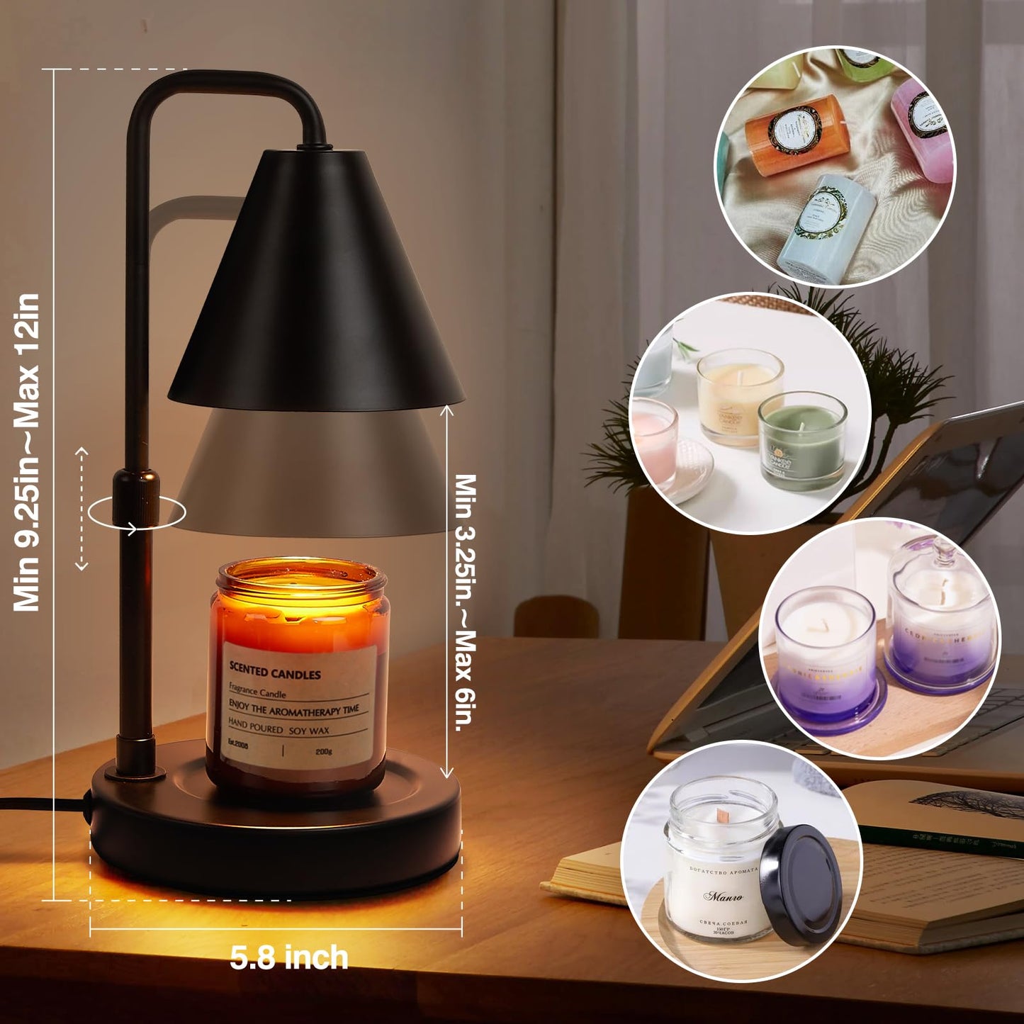 Suewow Candle Warmer Lamp, Adjustable Height, with Timer Dimmer, 2 Light Bulbs, Room Decor Wax Melt Warmer for Scented Wax, Gift for Mom (Black)