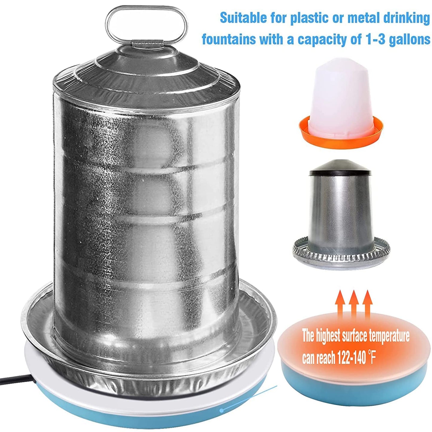 BuerKeo Poultry Waterer Heated Base, Chicken Water Heater for Winter Pet Metal Base,125W Electric Safe Drinking Fountain Coop Accessories Feeder