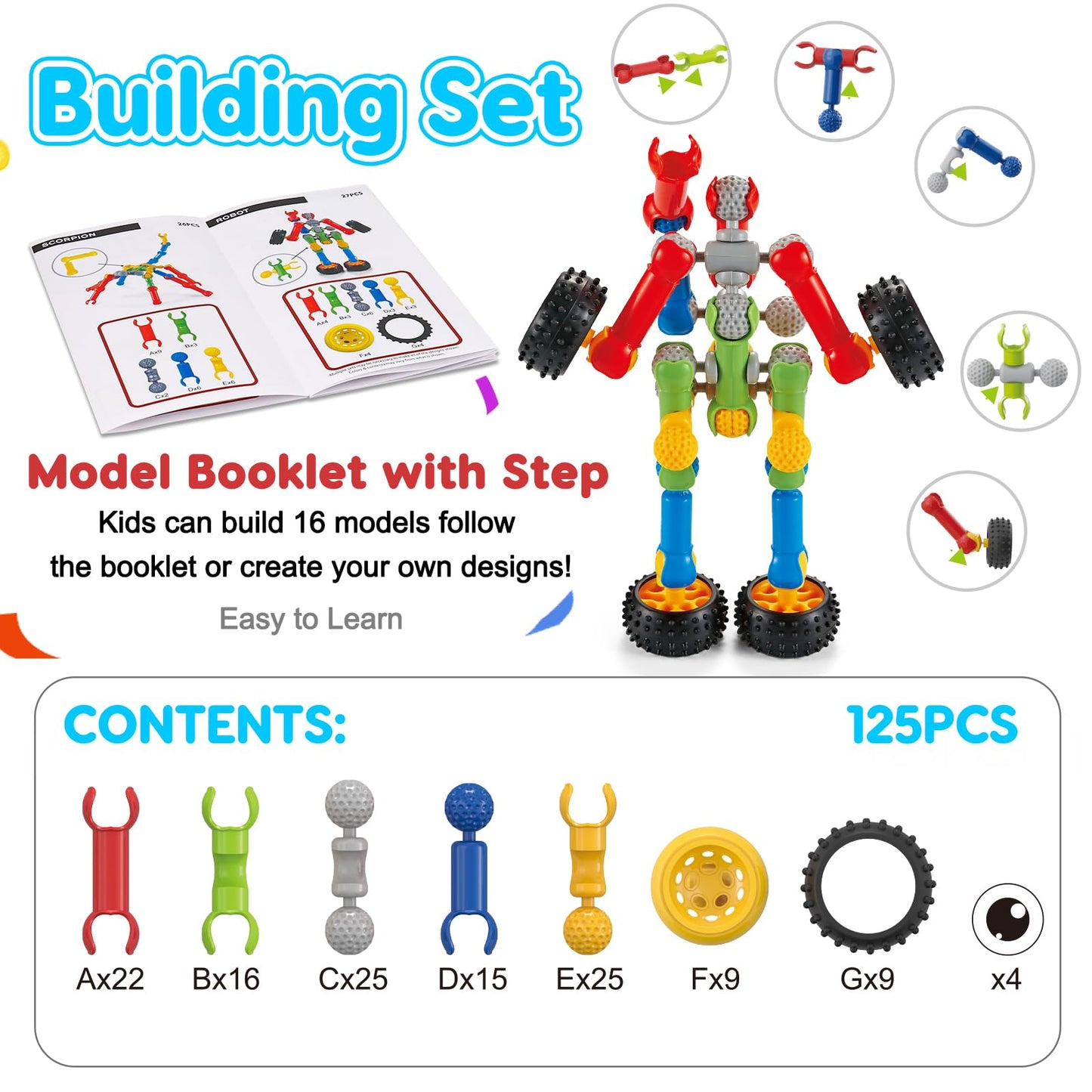 Kids STEM Building Toys for 3 4 5 6 7 8+ Year Old Boy Girl Birthday Gift, 125 Pcs Preschool Classroom Educational Building Blocks Stem Kits Ages 3-5 4-8 5-7 6-8 Engineering Creative Games